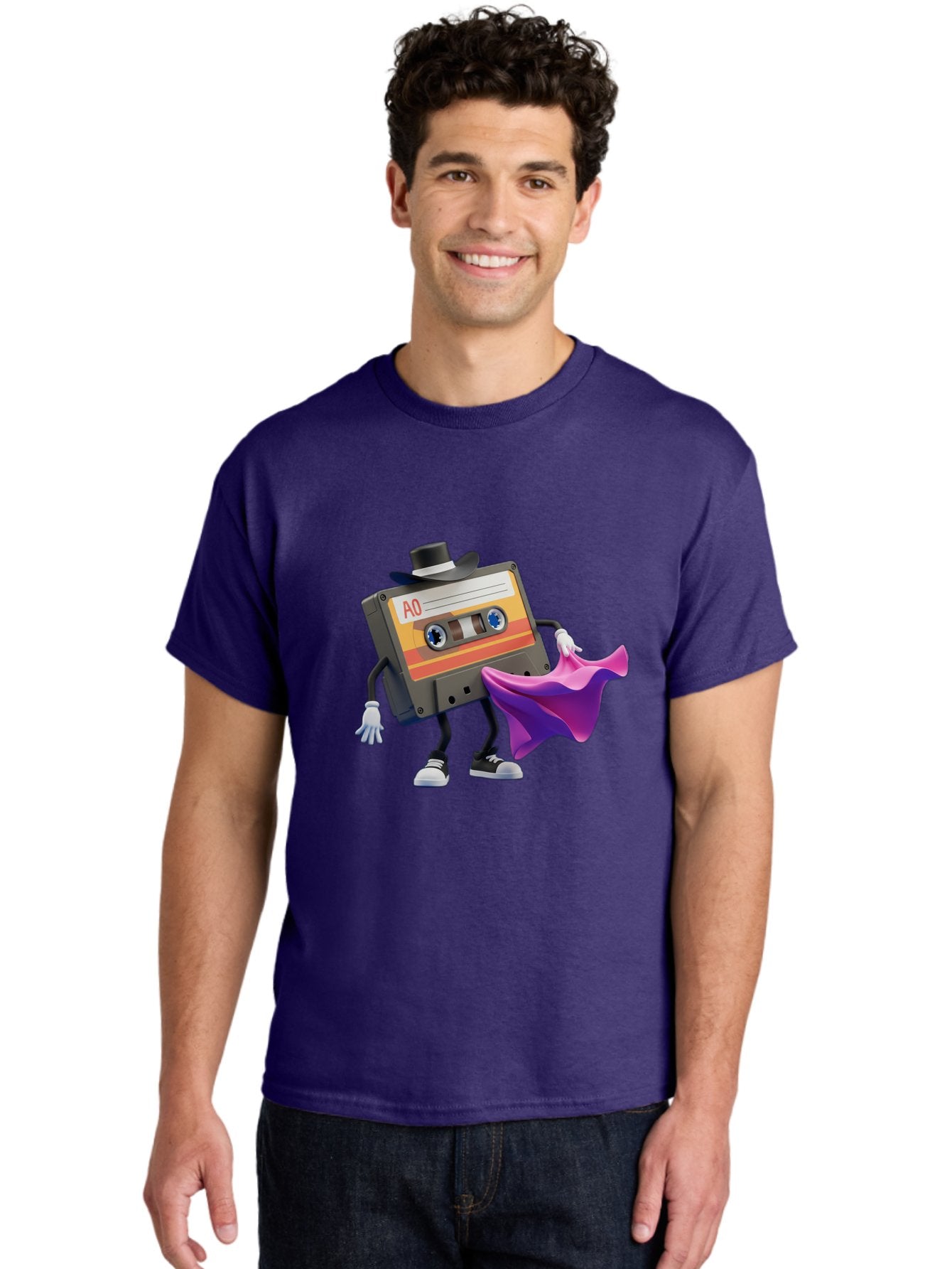 Cassette-Tape-A0 Men'S Graphic Tee, 100% Cotton, Comfortable Casual Summer Wear, Machine Washable, Cassette Tape Character, Retro Music, Vintage Style, A0 Label, Fancy Hat, Cape, Cool Pose, Nostalgic Charm, Funky Vibe Baa272 20