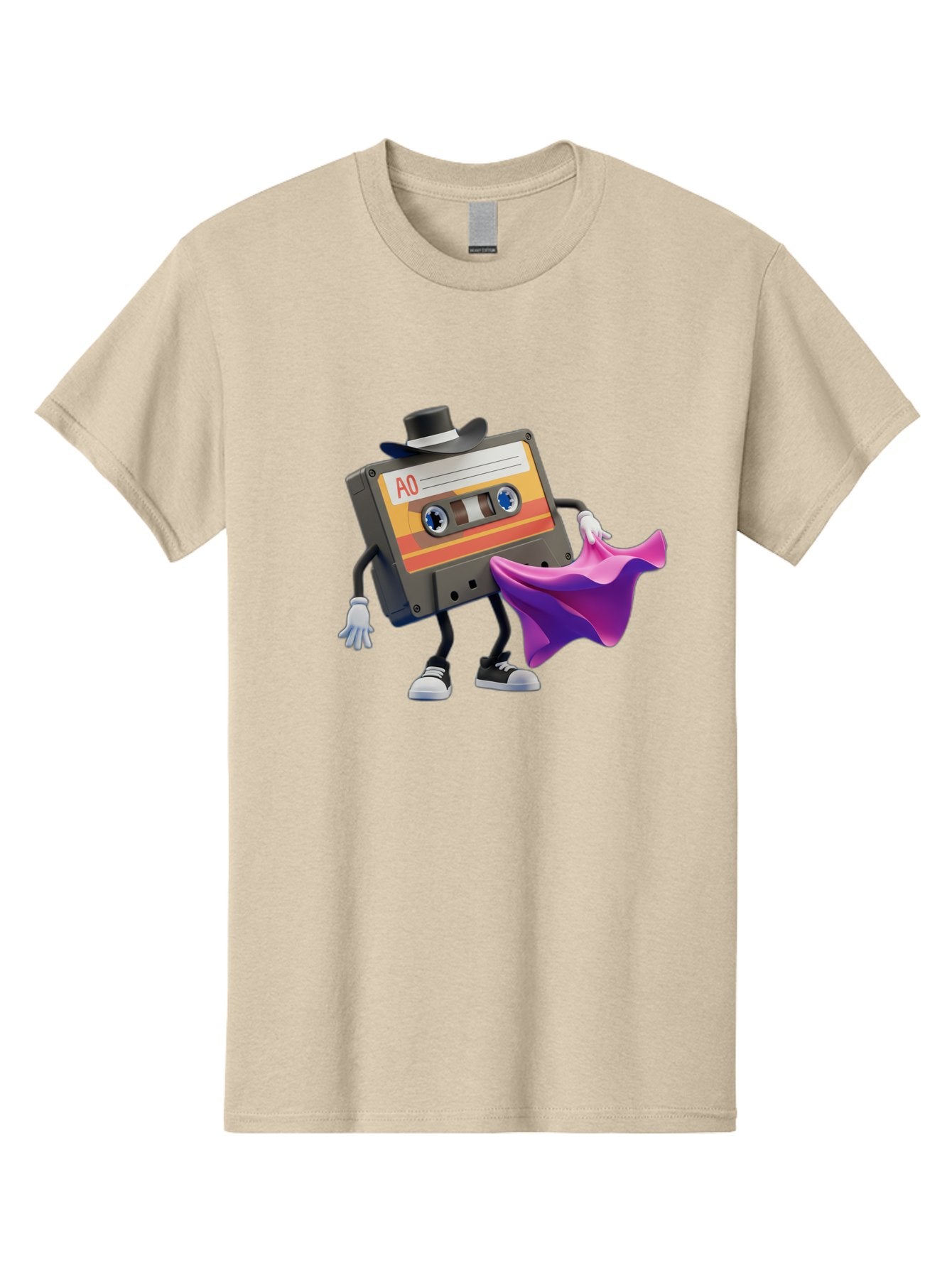 Cassette-Tape-A0 Men'S Graphic Tee, 100% Cotton, Comfortable Casual Summer Wear, Machine Washable, Cassette Tape Character, Retro Music, Vintage Style, A0 Label, Fancy Hat, Cape, Cool Pose, Nostalgic Charm, Funky Vibe Baa272 6
