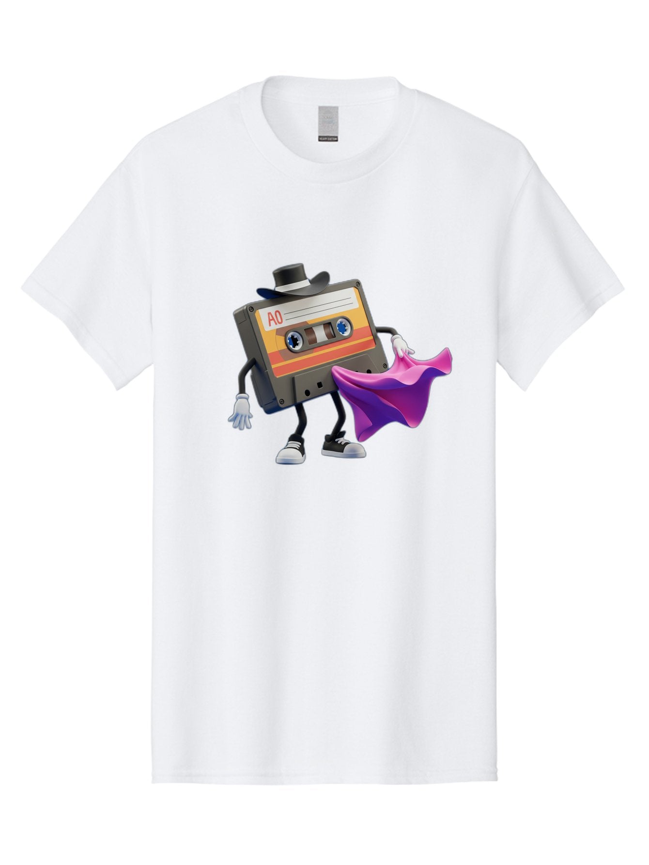 Cassette-Tape-A0 Men'S Graphic Tee, 100% Cotton, Comfortable Casual Summer Wear, Machine Washable, Cassette Tape Character, Retro Music, Vintage Style, A0 Label, Fancy Hat, Cape, Cool Pose, Nostalgic Charm, Funky Vibe Baa272 5