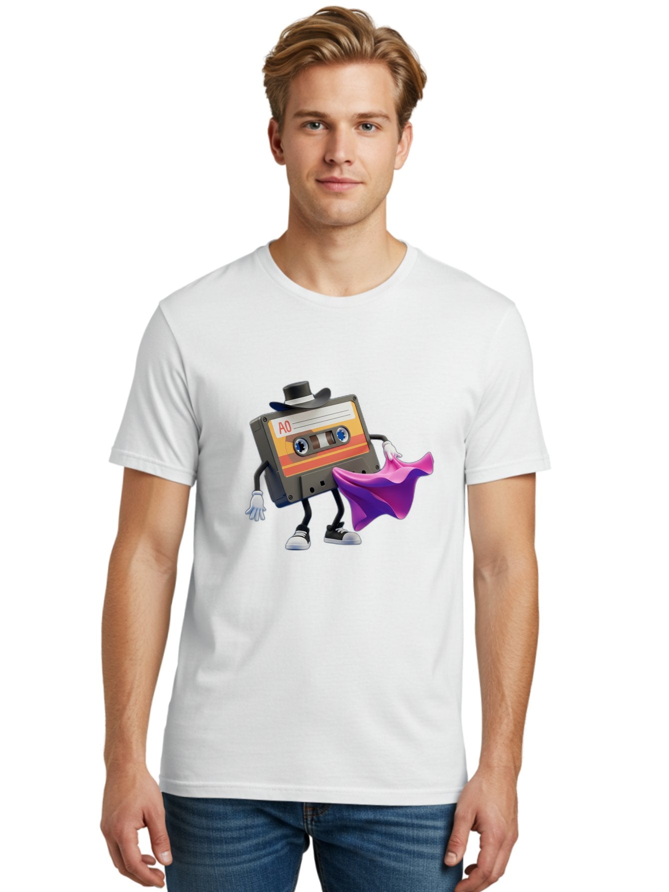 Cassette-Tape-A0 Men'S Graphic Tee, 100% Cotton, Comfortable Casual Summer Wear, Machine Washable, Cassette Tape Character, Retro Music, Vintage Style, A0 Label, Fancy Hat, Cape, Cool Pose, Nostalgic Charm, Funky Vibe Baa272 23
