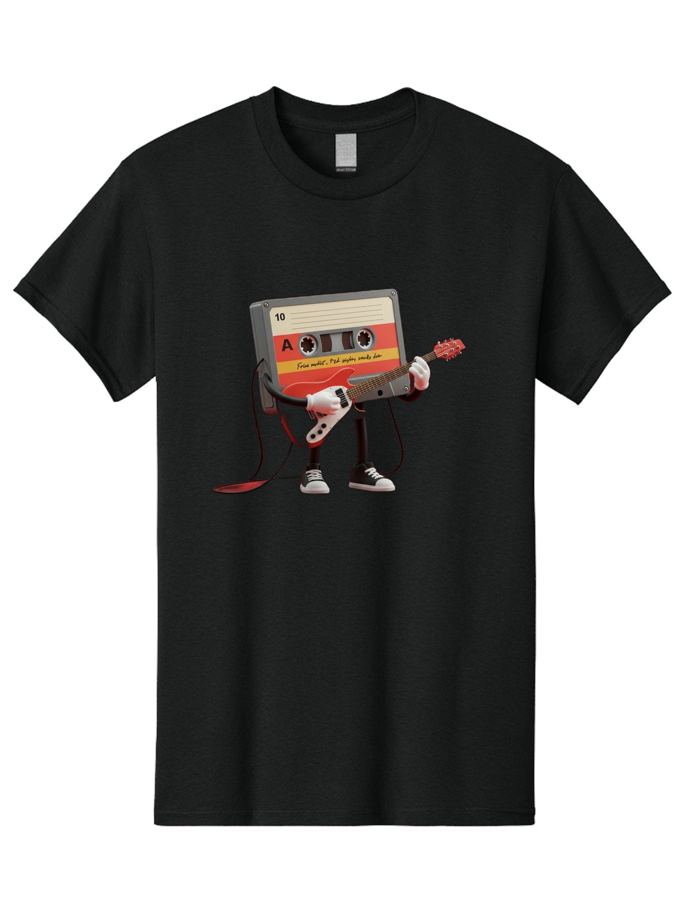 Cassette-Tape-Character-With-Guitar Men'S Graphic Tee, 100% Cotton, Comfortable Casual Summer Wear, Machine Washable, Cassette Tape Character, Playing Guitar, Music Lover, Retro Music, Nostalgic Vibe, 90S Music, Rock On, Guitar Hero, A10 Label Baa273 15