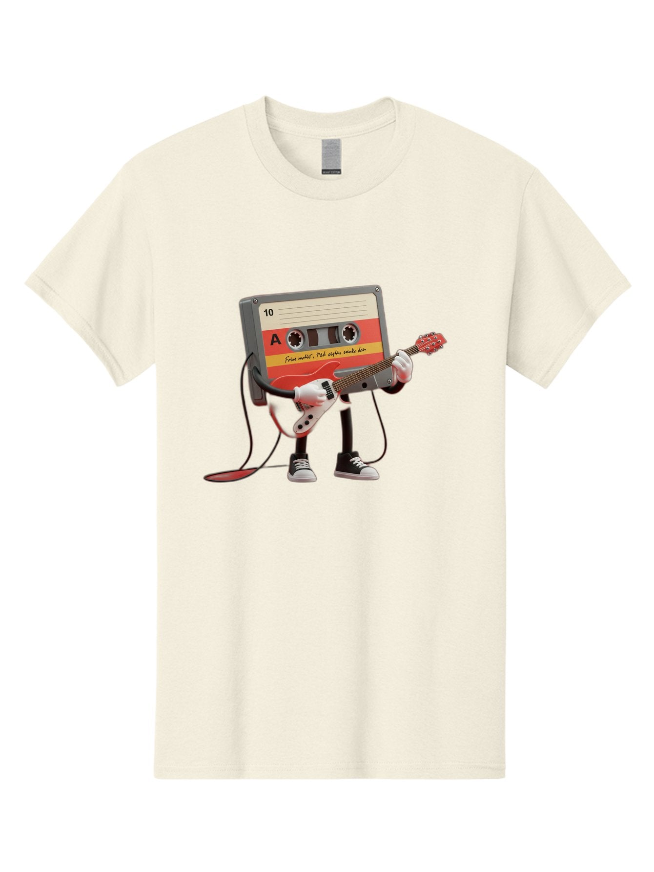 Cassette-Tape-Character-With-Guitar Men'S Graphic Tee, 100% Cotton, Comfortable Casual Summer Wear, Machine Washable, Cassette Tape Character, Playing Guitar, Music Lover, Retro Music, Nostalgic Vibe, 90S Music, Rock On, Guitar Hero, A10 Label Baa273 10
