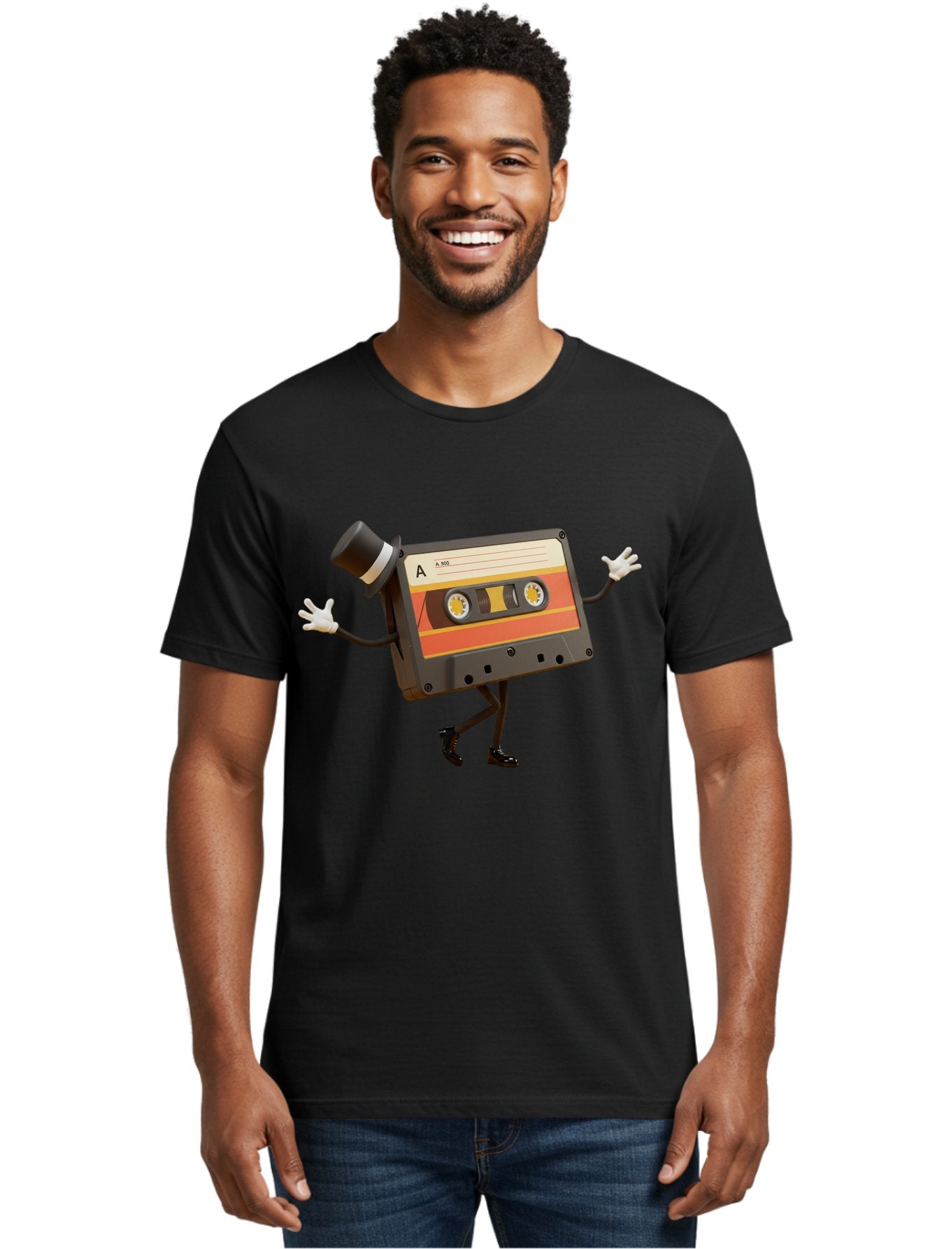 Cassette-Tape Men'S Graphic Tee, 100% Cotton, Comfortable Casual Summer Wear, Machine Washable, Retro Cassette Tape, Anthropomorphic Design, Top Hat, Gloves, Stick Figure Legs, Vintage Audio, Nostalgic Charm, Playful Illustration, Baa274 17