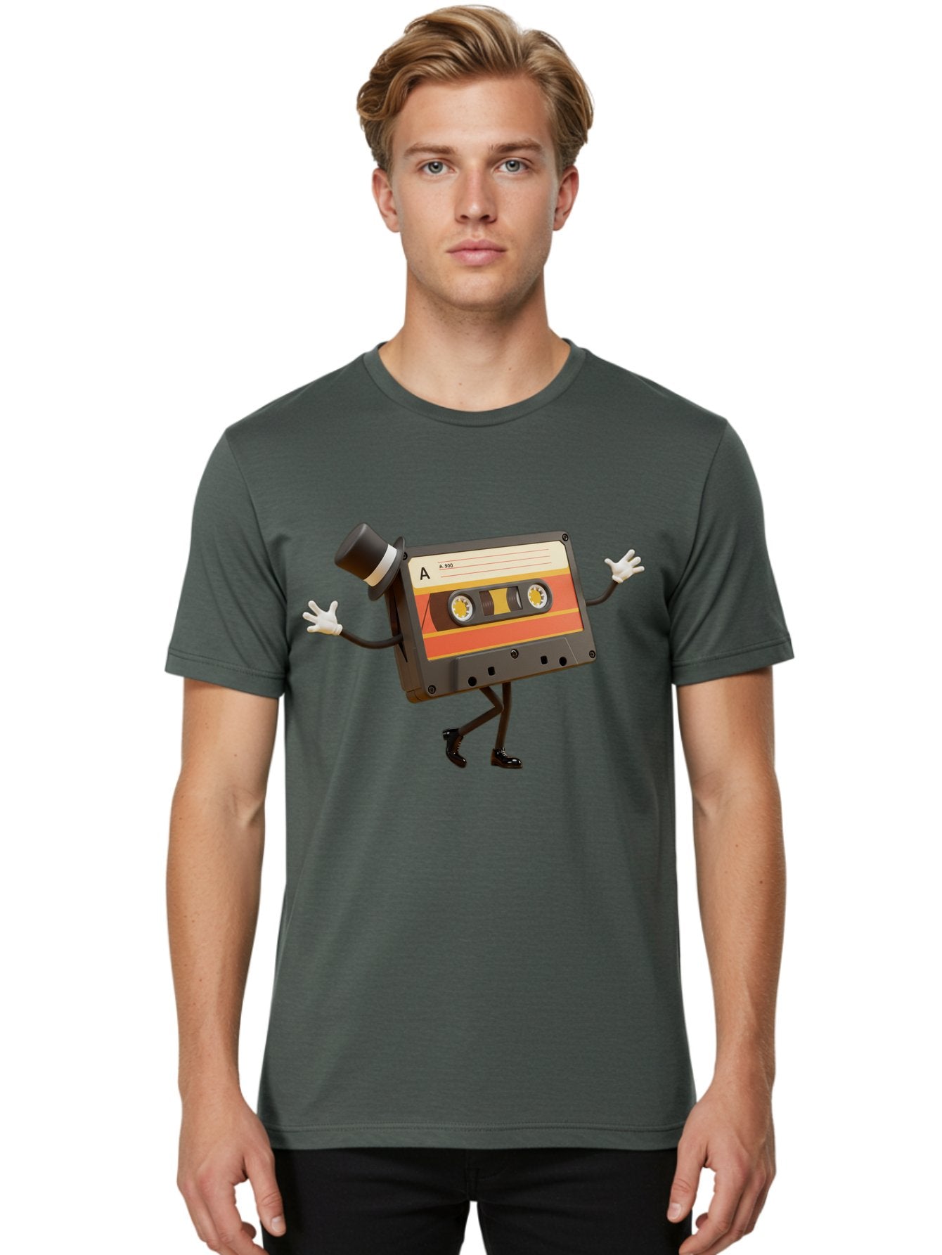 Cassette-Tape Men'S Graphic Tee, 100% Cotton, Comfortable Casual Summer Wear, Machine Washable, Retro Cassette Tape, Anthropomorphic Design, Top Hat, Gloves, Stick Figure Legs, Vintage Audio, Nostalgic Charm, Playful Illustration, Baa274 26