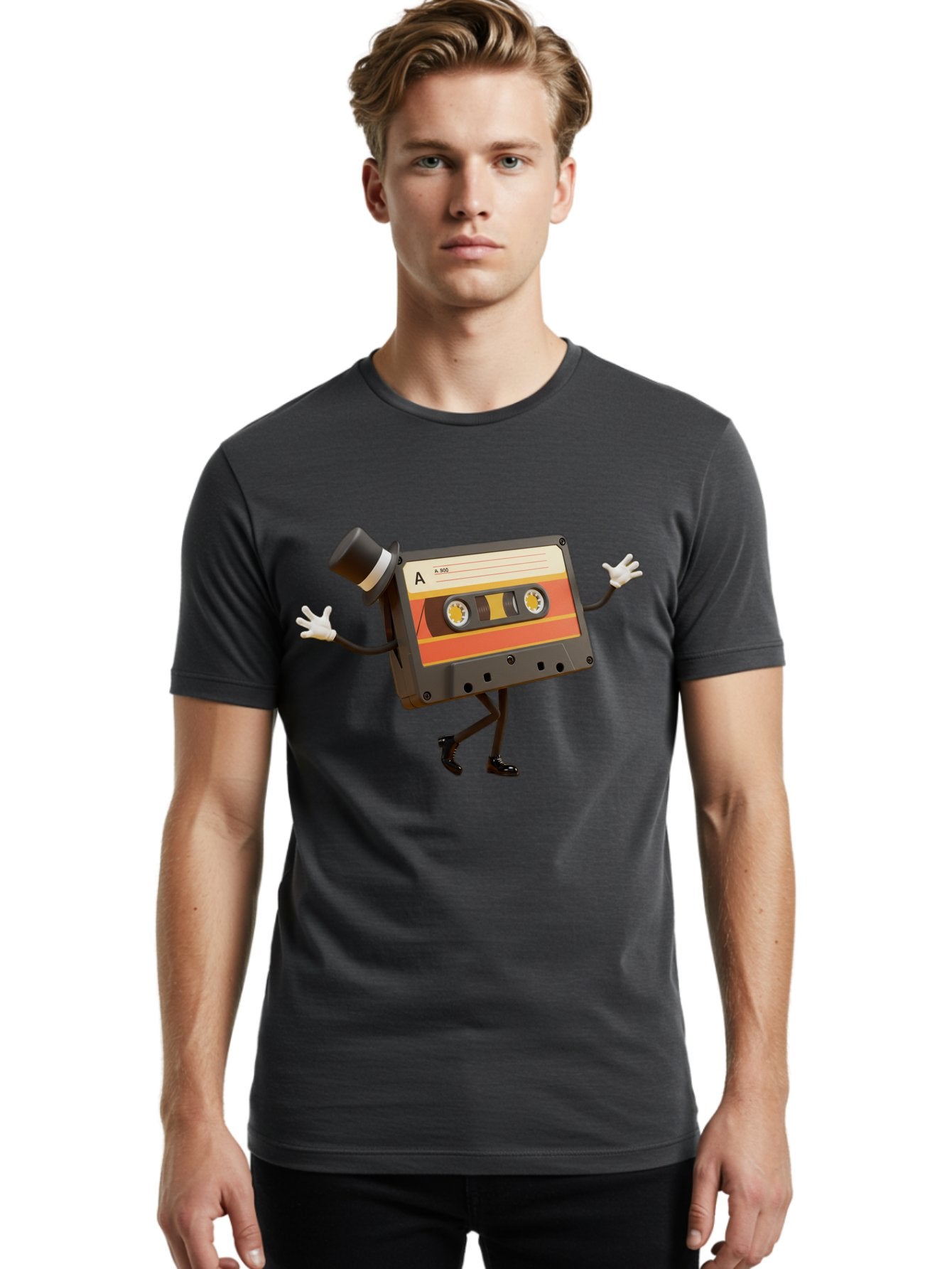 Cassette-Tape Men'S Graphic Tee, 100% Cotton, Comfortable Casual Summer Wear, Machine Washable, Retro Cassette Tape, Anthropomorphic Design, Top Hat, Gloves, Stick Figure Legs, Vintage Audio, Nostalgic Charm, Playful Illustration, Baa274 25
