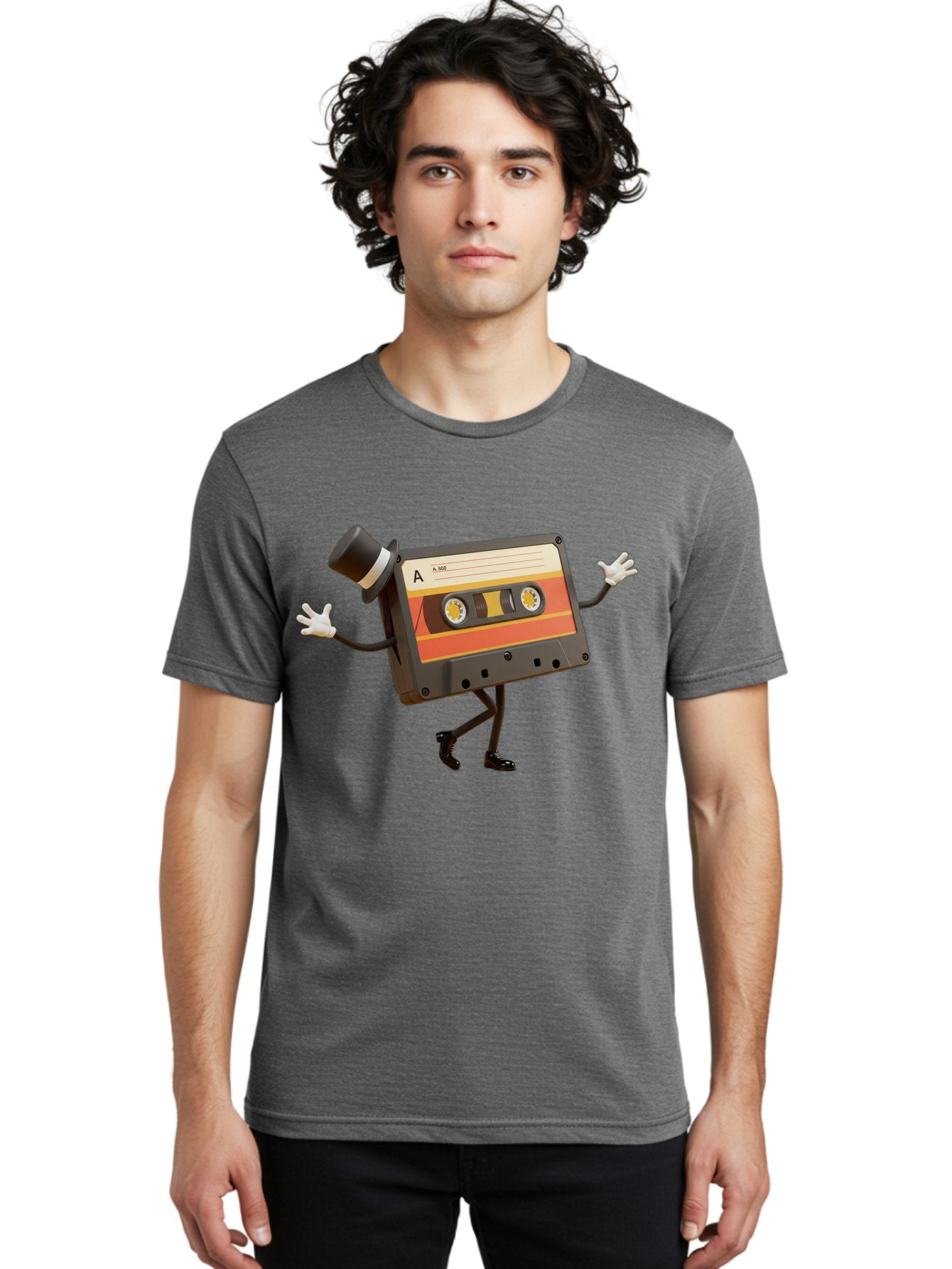 Cassette-Tape Men'S Graphic Tee, 100% Cotton, Comfortable Casual Summer Wear, Machine Washable, Retro Cassette Tape, Anthropomorphic Design, Top Hat, Gloves, Stick Figure Legs, Vintage Audio, Nostalgic Charm, Playful Illustration, Baa274 24