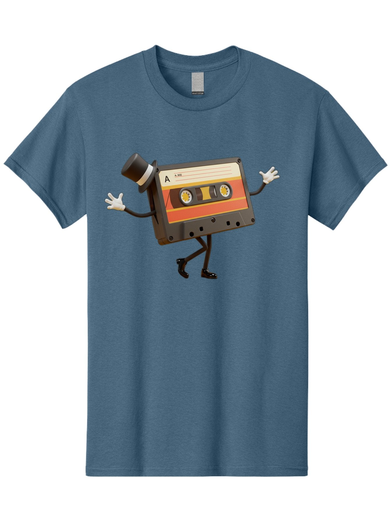 Cassette-Tape Men'S Graphic Tee, 100% Cotton, Comfortable Casual Summer Wear, Machine Washable, Retro Cassette Tape, Anthropomorphic Design, Top Hat, Gloves, Stick Figure Legs, Vintage Audio, Nostalgic Charm, Playful Illustration, Baa274