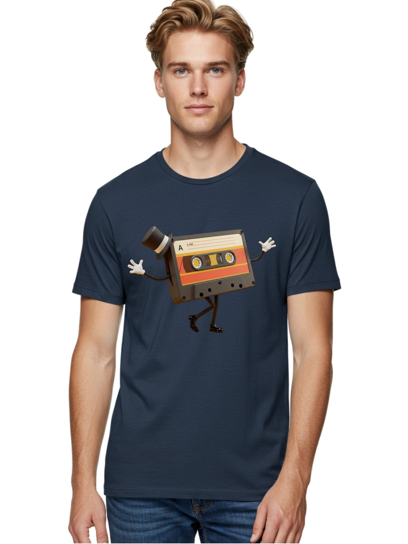 Cassette-Tape Men'S Graphic Tee, 100% Cotton, Comfortable Casual Summer Wear, Machine Washable, Retro Cassette Tape, Anthropomorphic Design, Top Hat, Gloves, Stick Figure Legs, Vintage Audio, Nostalgic Charm, Playful Illustration, Baa274 29