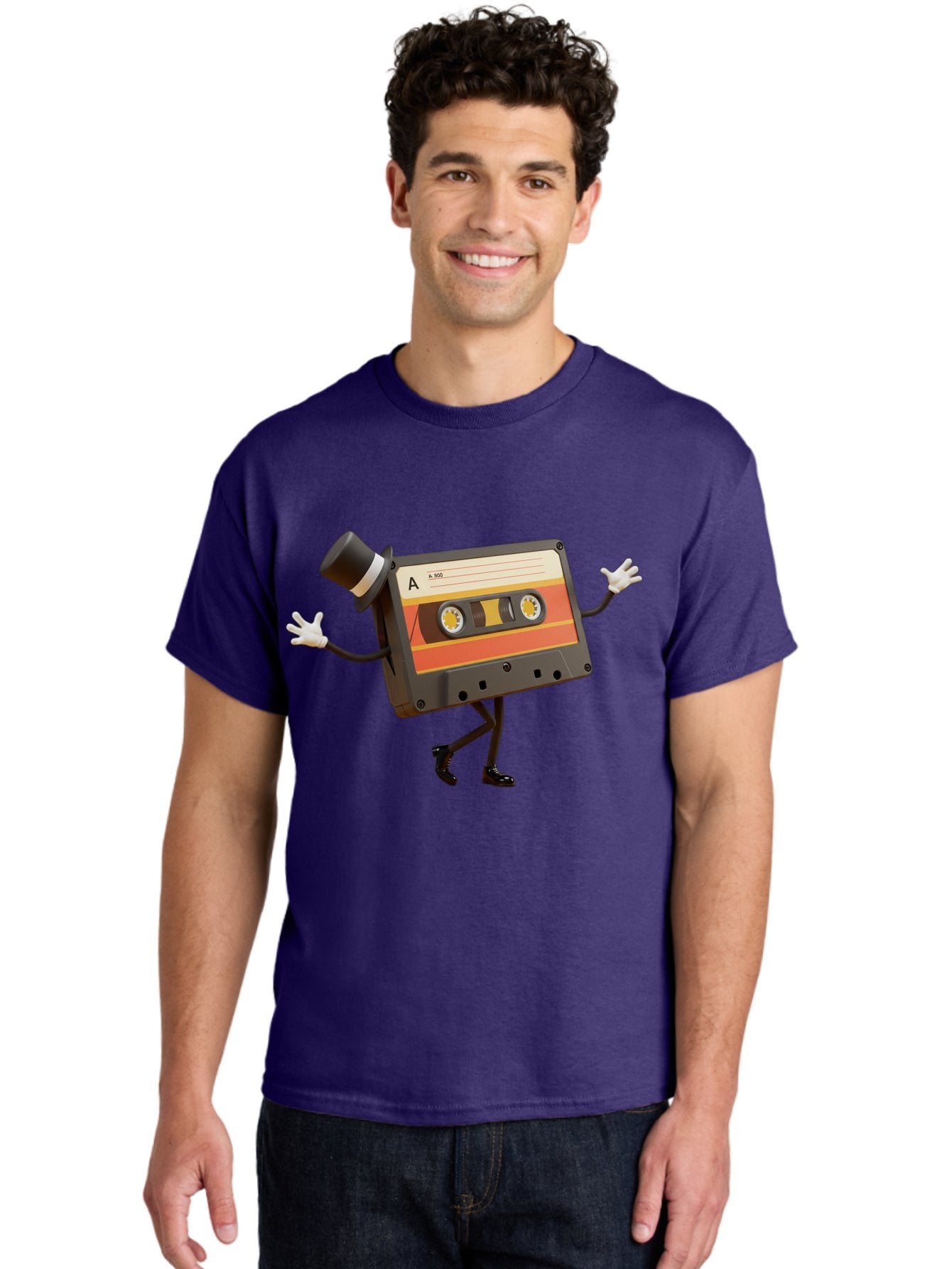 Cassette-Tape Men'S Graphic Tee, 100% Cotton, Comfortable Casual Summer Wear, Machine Washable, Retro Cassette Tape, Anthropomorphic Design, Top Hat, Gloves, Stick Figure Legs, Vintage Audio, Nostalgic Charm, Playful Illustration, Baa274 20