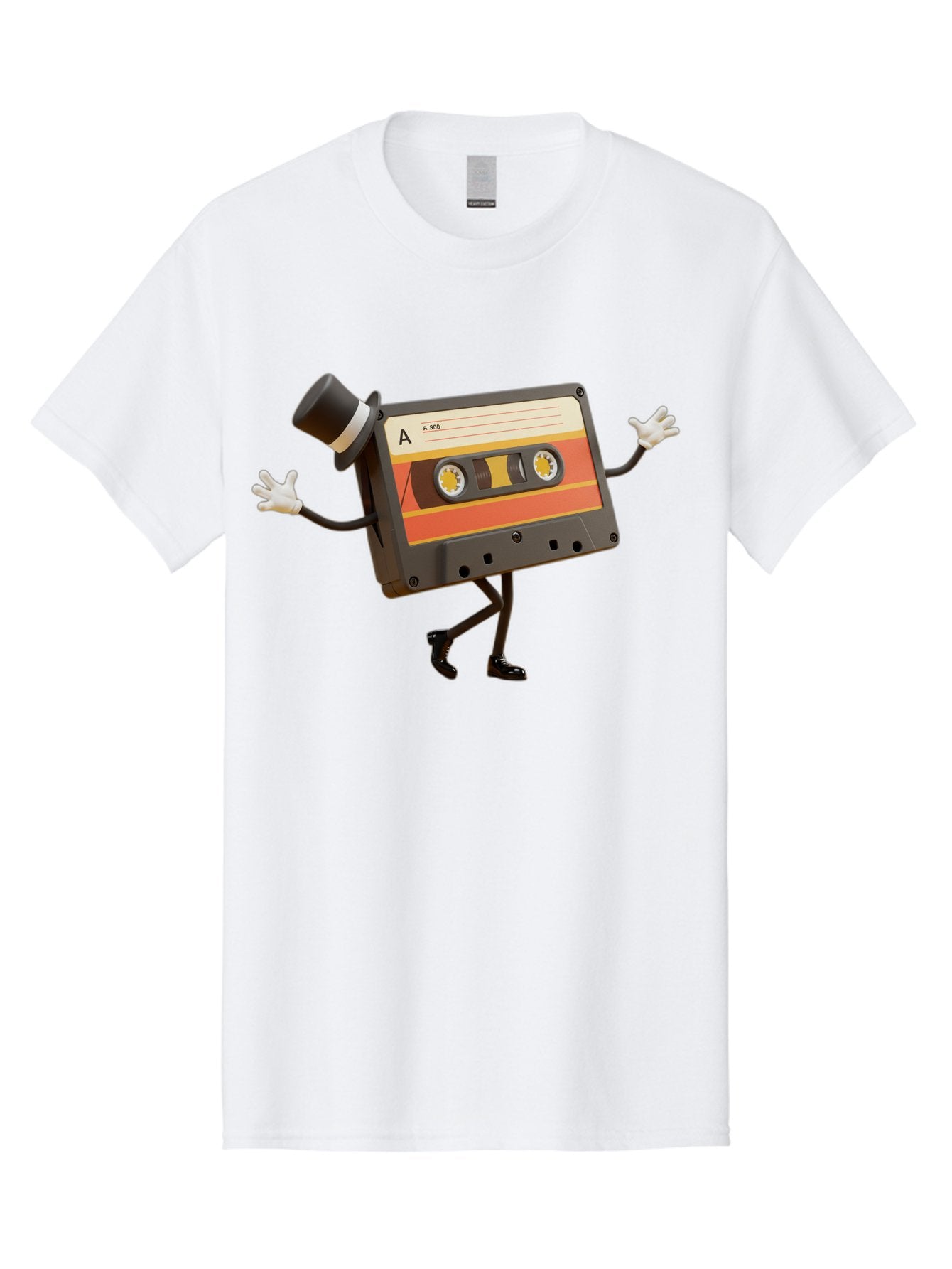Cassette-Tape Men'S Graphic Tee, 100% Cotton, Comfortable Casual Summer Wear, Machine Washable, Retro Cassette Tape, Anthropomorphic Design, Top Hat, Gloves, Stick Figure Legs, Vintage Audio, Nostalgic Charm, Playful Illustration, Baa274 4