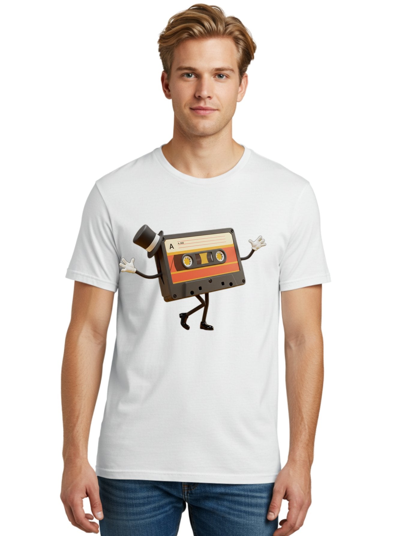 Cassette-Tape Men'S Graphic Tee, 100% Cotton, Comfortable Casual Summer Wear, Machine Washable, Retro Cassette Tape, Anthropomorphic Design, Top Hat, Gloves, Stick Figure Legs, Vintage Audio, Nostalgic Charm, Playful Illustration, Baa274 18