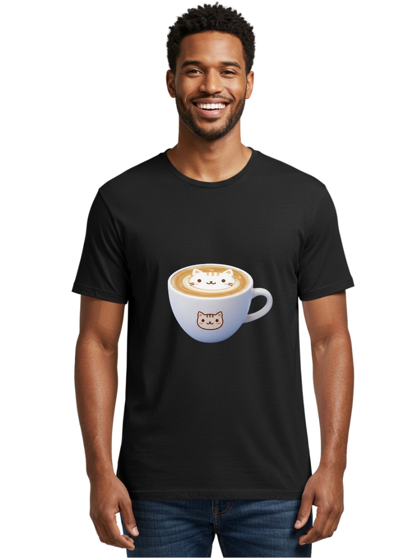 Cat-Coffee Men'S Graphic Tee, 100% Cotton, Comfortable Casual Summer Wear, Machine Washable, Cat Face Latte Art, Coffee Cup Design, Feline Illustration, Cute Cat Graphics, Coffee Culture, Latte Art, Adorable Cat Face Baa275 27