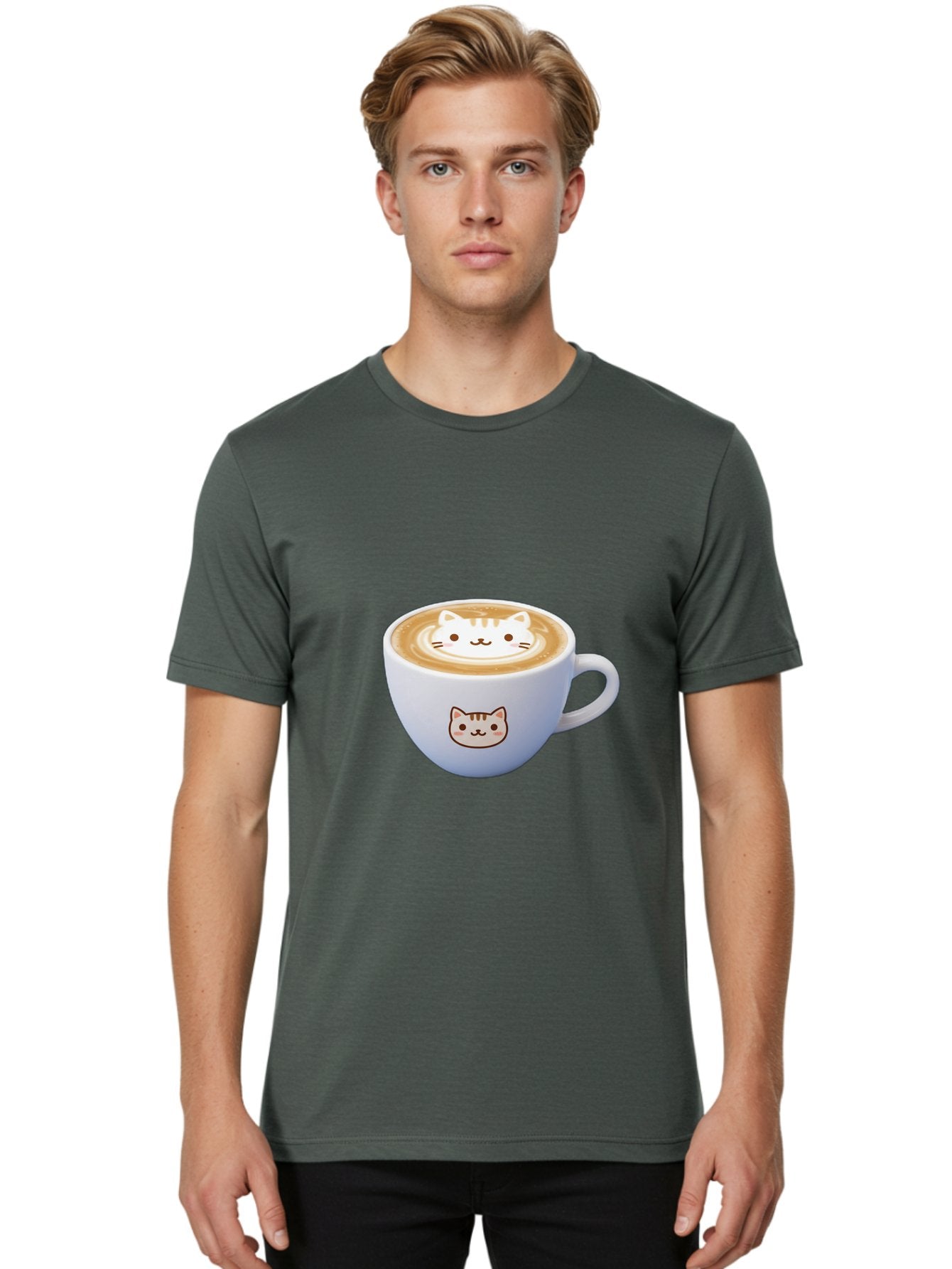 Cat-Coffee Men'S Graphic Tee, 100% Cotton, Comfortable Casual Summer Wear, Machine Washable, Cat Face Latte Art, Coffee Cup Design, Feline Illustration, Cute Cat Graphics, Coffee Culture, Latte Art, Adorable Cat Face Baa275 16