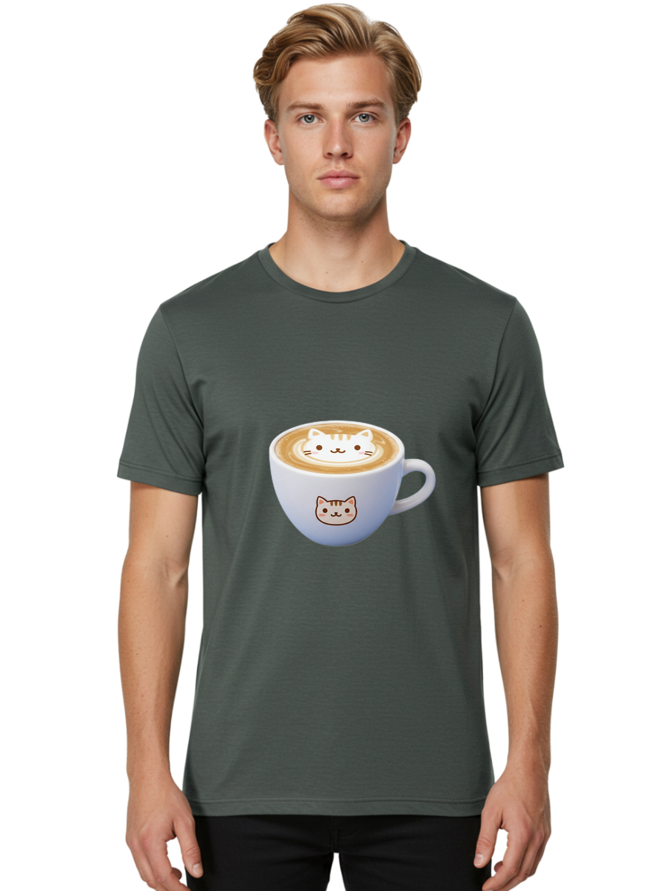 Cat-Coffee Men'S Graphic Tee, 100% Cotton, Comfortable Casual Summer Wear, Machine Washable, Cat Face Latte Art, Coffee Cup Design, Feline Illustration, Cute Cat Graphics, Coffee Culture, Latte Art, Adorable Cat Face Baa275 26