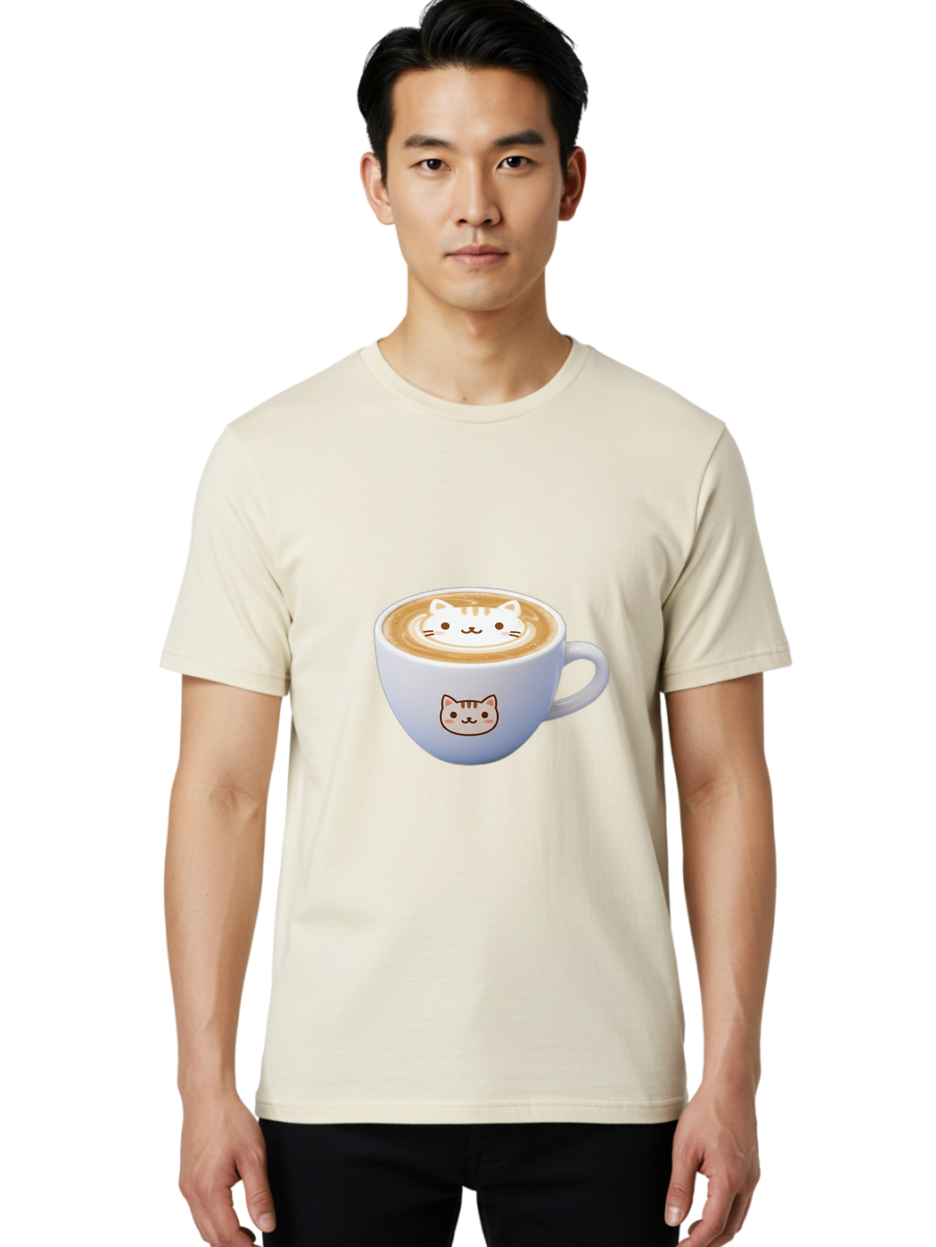 Cat-Coffee Men'S Graphic Tee, 100% Cotton, Comfortable Casual Summer Wear, Machine Washable, Cat Face Latte Art, Coffee Cup Design, Feline Illustration, Cute Cat Graphics, Coffee Culture, Latte Art, Adorable Cat Face Baa275 16