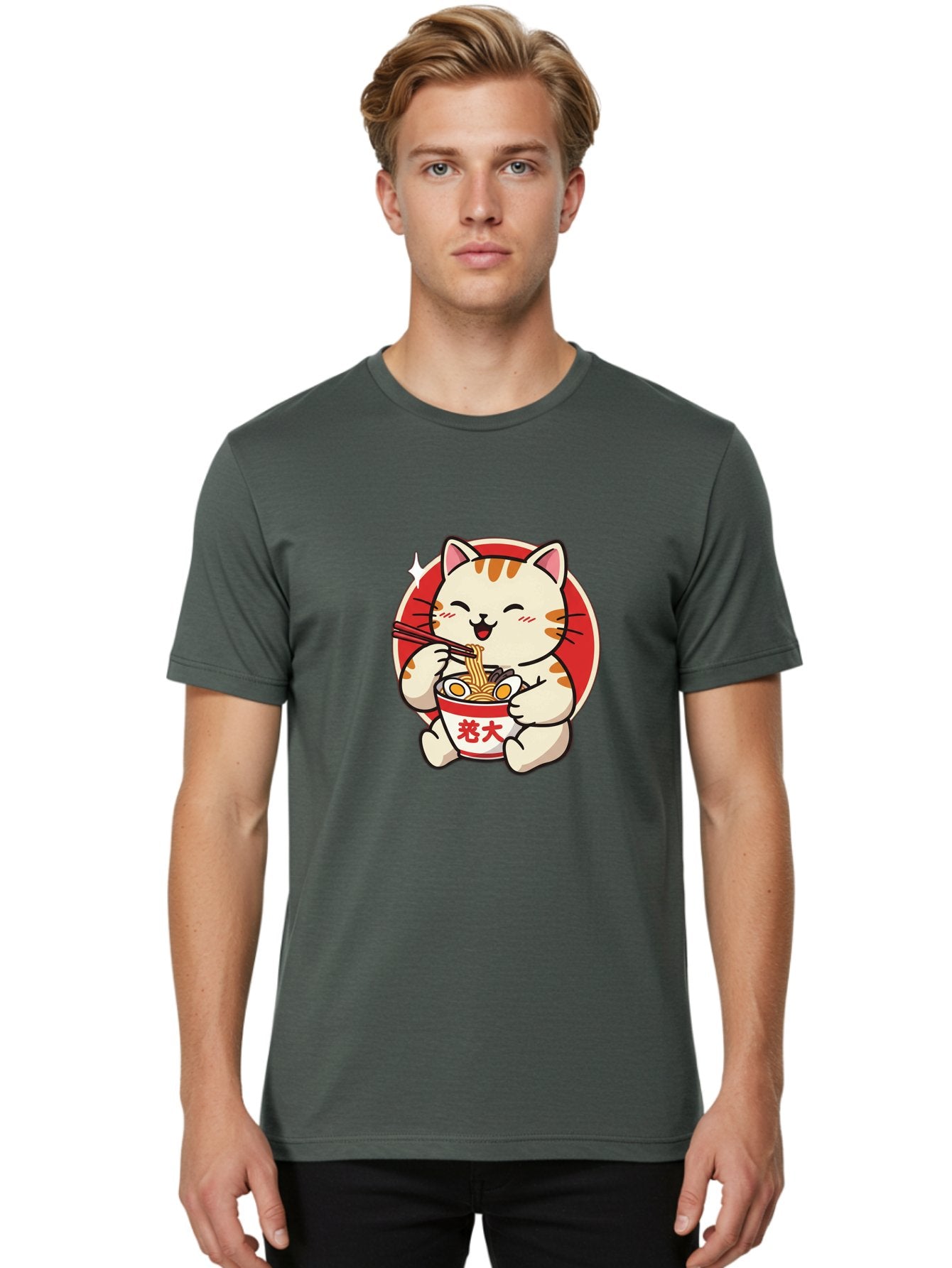 Cat-Eating-Ramen Men'S Graphic Tee, 100% Cotton, Comfortable Casual Summer Wear, Machine Washable, Cute Kitten Eating Ramen, Cartoon Cat With Chopsticks, Adorable Kitty Enjoying Noodles, Kawaii Animal, Orange Tabby Cat, Bowl Of Ramen, Baa276 30