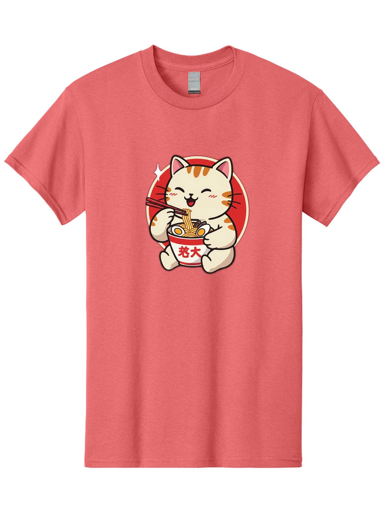 Cat-Eating-Ramen Men'S Graphic Tee, 100% Cotton, Comfortable Casual Summer Wear, Machine Washable, Cute Kitten Eating Ramen, Cartoon Cat With Chopsticks, Adorable Kitty Enjoying Noodles, Kawaii Animal, Orange Tabby Cat, Bowl Of Ramen, Baa276 7