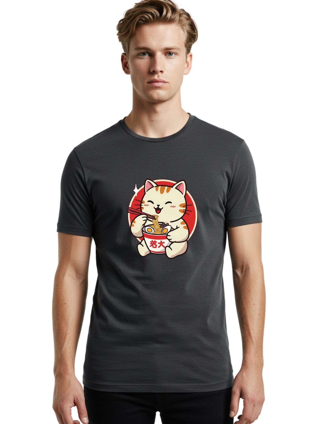 Cat-Eating-Ramen Men'S Graphic Tee, 100% Cotton, Comfortable Casual Summer Wear, Machine Washable, Cute Kitten Eating Ramen, Cartoon Cat With Chopsticks, Adorable Kitty Enjoying Noodles, Kawaii Animal, Orange Tabby Cat, Bowl Of Ramen, Baa276 23