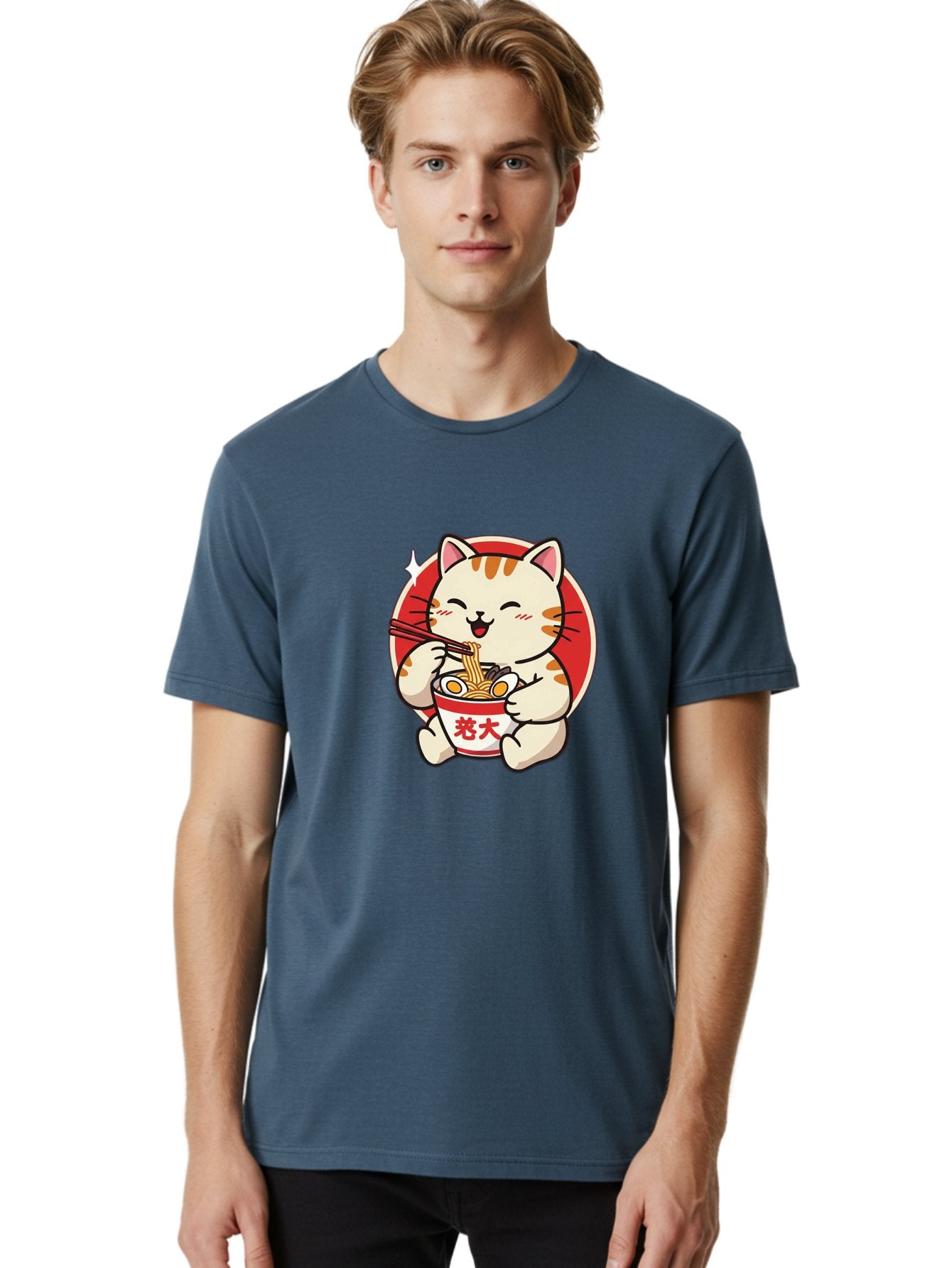 Cat-Eating-Ramen Men'S Graphic Tee, 100% Cotton, Comfortable Casual Summer Wear, Machine Washable, Cute Kitten Eating Ramen, Cartoon Cat With Chopsticks, Adorable Kitty Enjoying Noodles, Kawaii Animal, Orange Tabby Cat, Bowl Of Ramen, Baa276 22