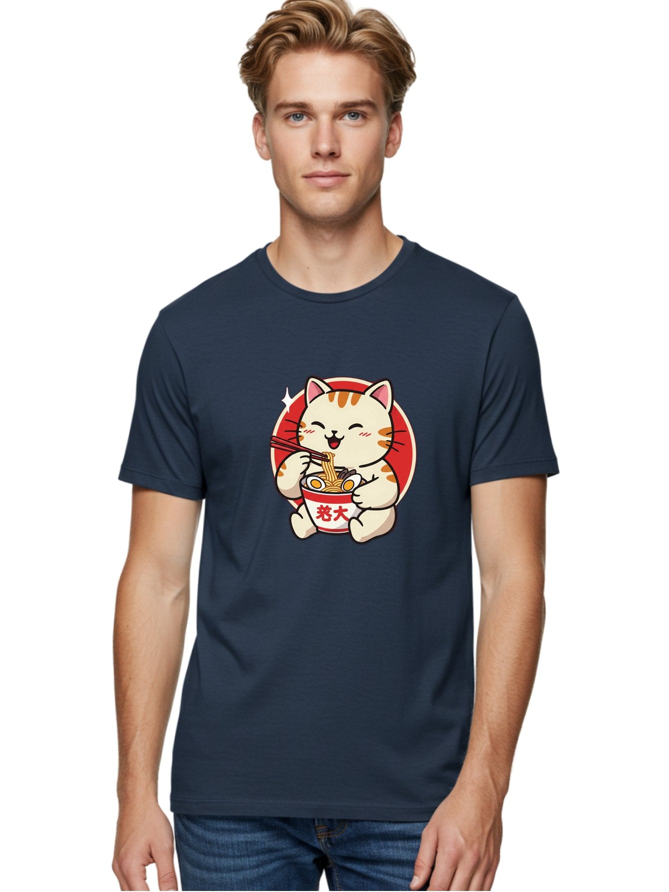 Cat-Eating-Ramen Men'S Graphic Tee, 100% Cotton, Comfortable Casual Summer Wear, Machine Washable, Cute Kitten Eating Ramen, Cartoon Cat With Chopsticks, Adorable Kitty Enjoying Noodles, Kawaii Animal, Orange Tabby Cat, Bowl Of Ramen, Baa276 17