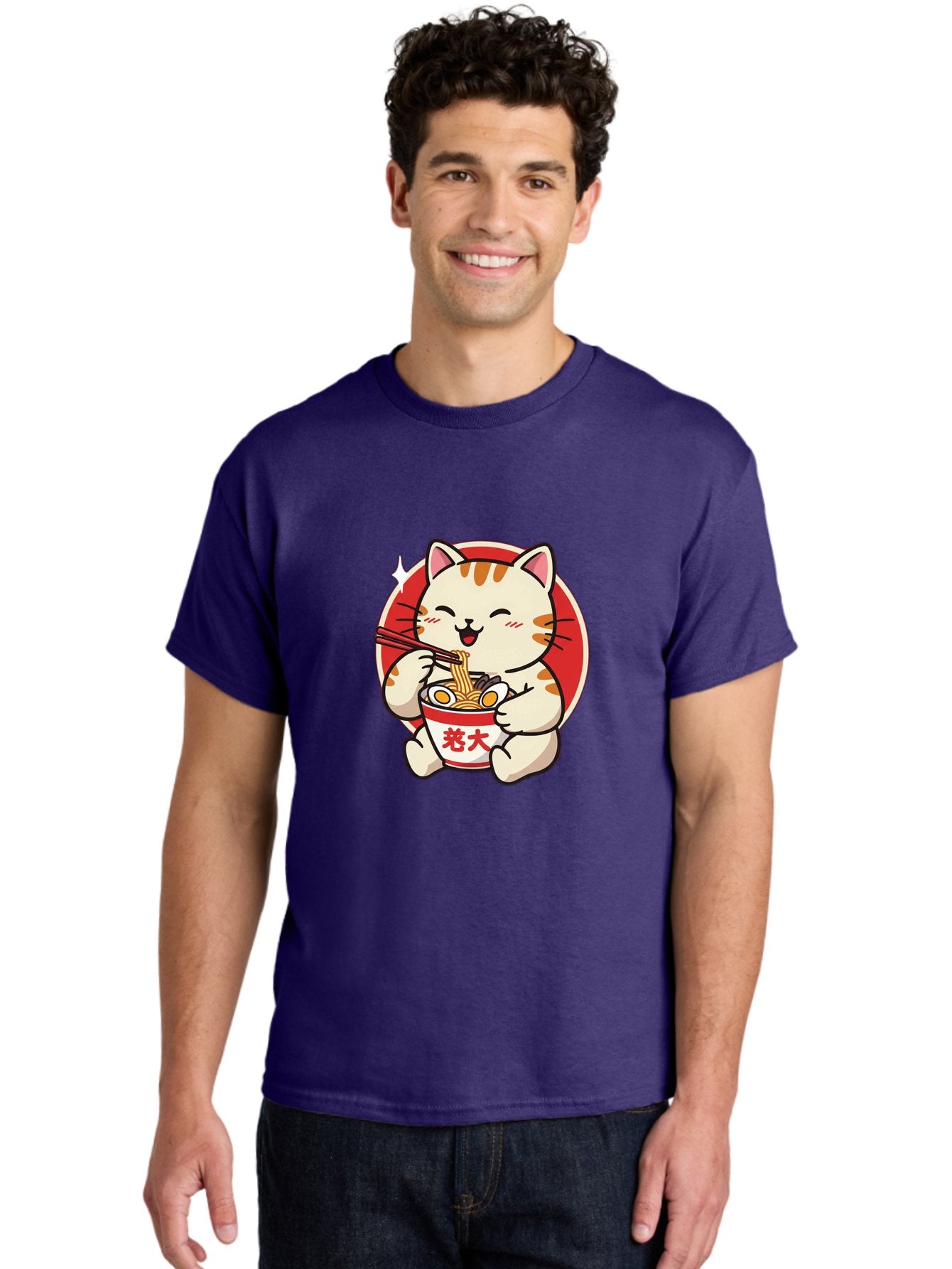Cat-Eating-Ramen Men'S Graphic Tee, 100% Cotton, Comfortable Casual Summer Wear, Machine Washable, Cute Kitten Eating Ramen, Cartoon Cat With Chopsticks, Adorable Kitty Enjoying Noodles, Kawaii Animal, Orange Tabby Cat, Bowl Of Ramen, Baa276 29