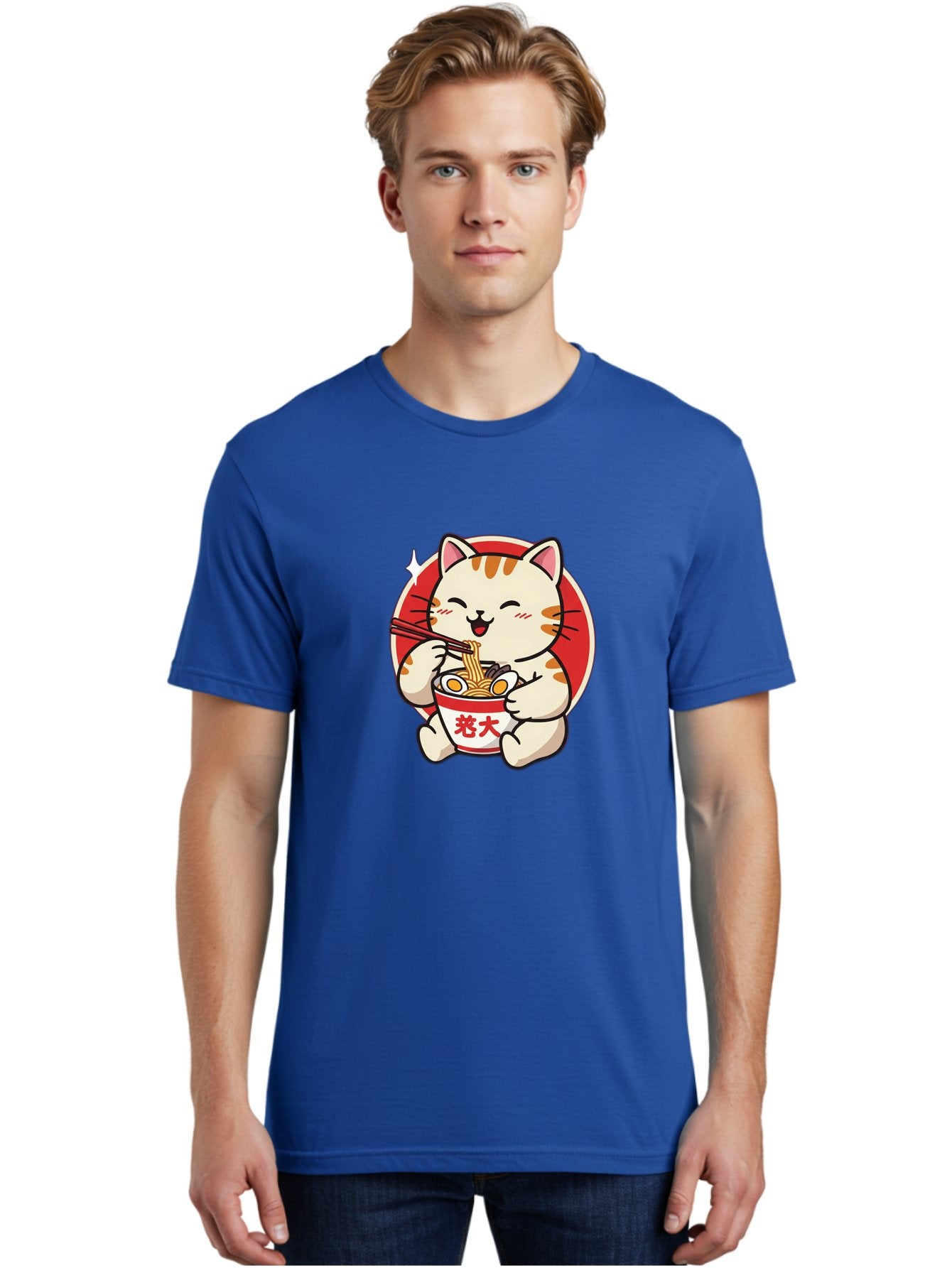 Cat-Eating-Ramen Men'S Graphic Tee, 100% Cotton, Comfortable Casual Summer Wear, Machine Washable, Cute Kitten Eating Ramen, Cartoon Cat With Chopsticks, Adorable Kitty Enjoying Noodles, Kawaii Animal, Orange Tabby Cat, Bowl Of Ramen, Baa276 28