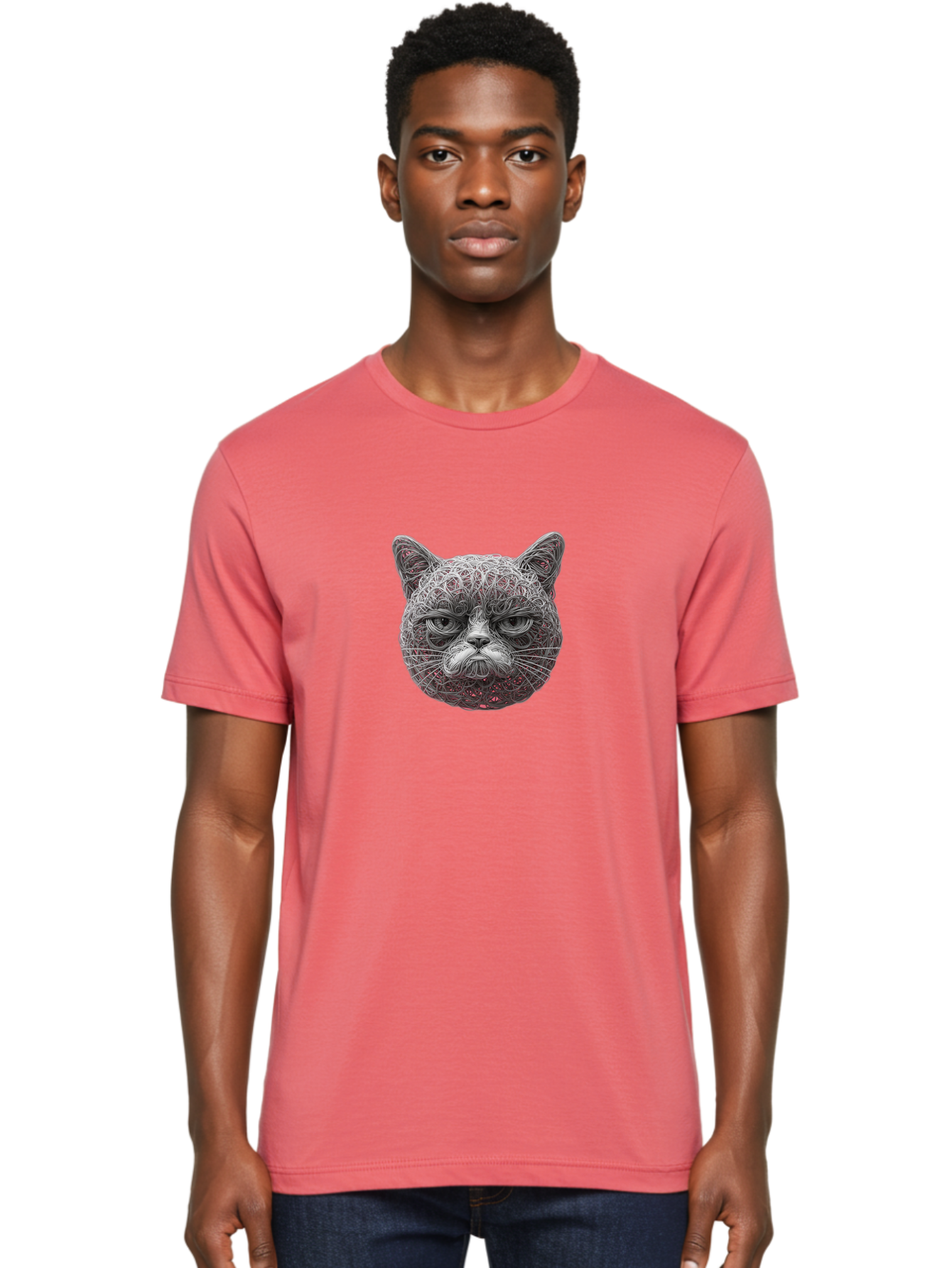 Cat-Face Men'S Graphic Tee, 100% Cotton, Comfortable Casual Summer Wear, Machine Washable, Detailed Cat Face, Intricate Line Art, Whimsical Feline Design, Bold Illustration, Expressive Cat Features, Abstract Cat Portrait, Swirling Patterns, Baa277 28
