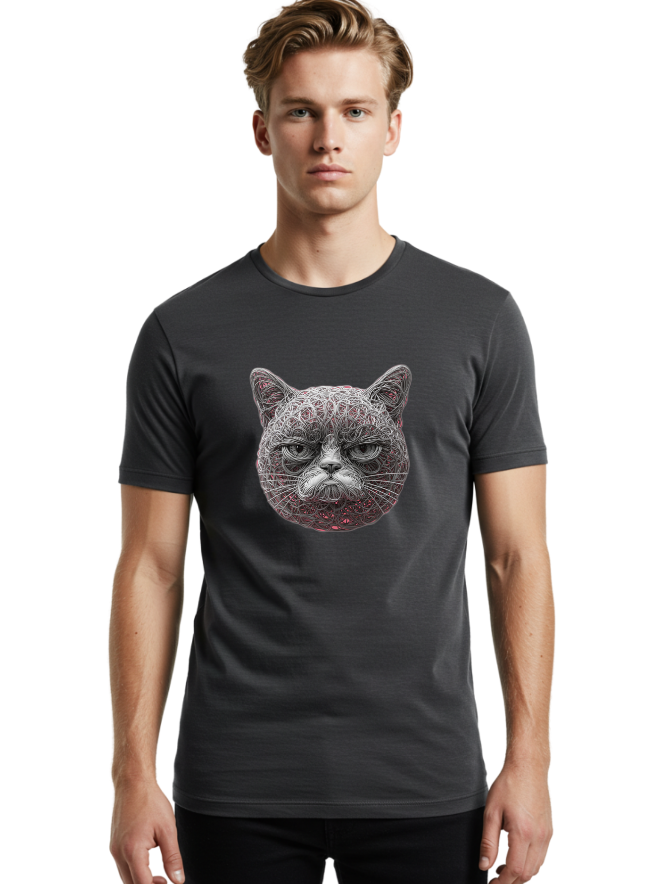 Cat-Face Men'S Graphic Tee, 100% Cotton, Comfortable Casual Summer Wear, Machine Washable, Detailed Cat Face, Intricate Line Art, Whimsical Feline Design, Bold Illustration, Expressive Cat Features, Abstract Cat Portrait, Swirling Patterns, Baa277 22