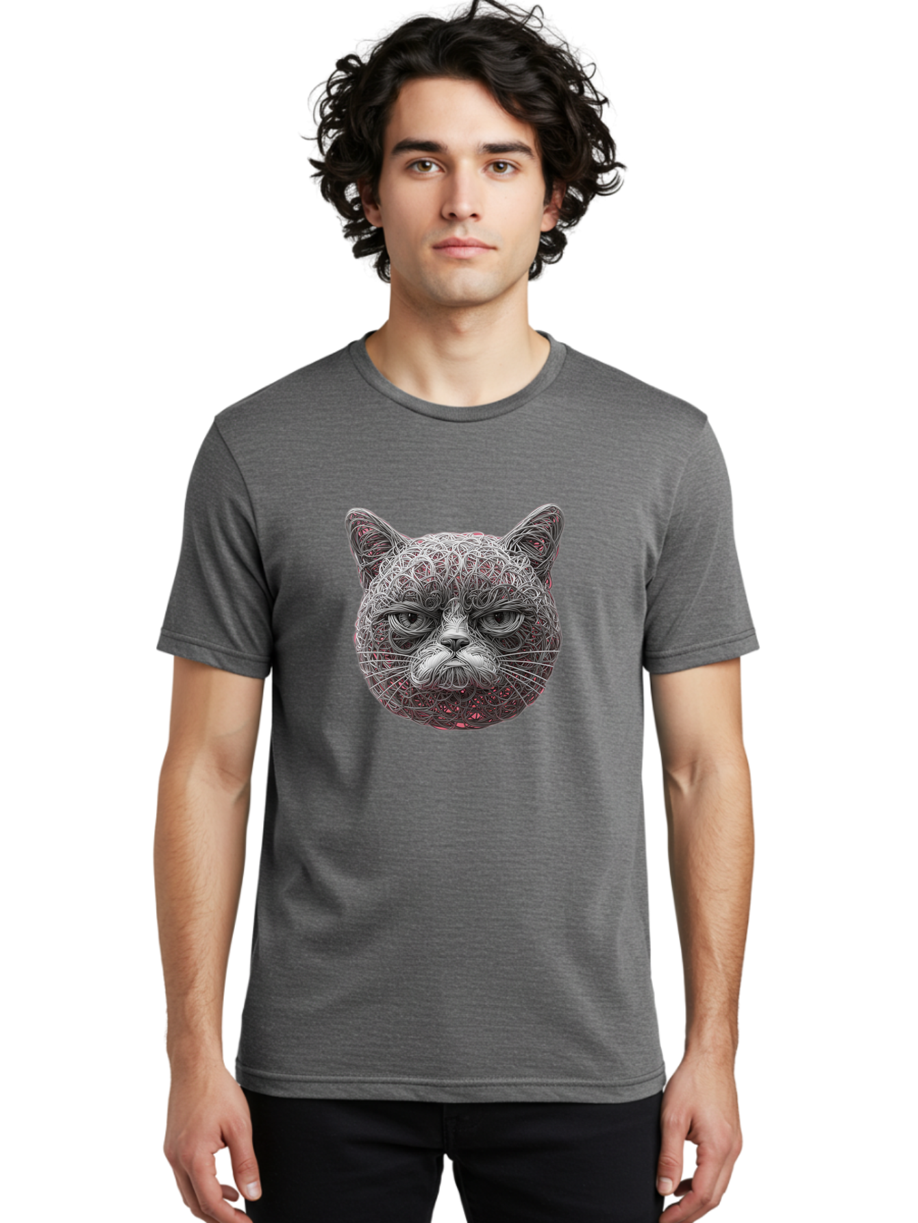 Cat-Face Men'S Graphic Tee, 100% Cotton, Comfortable Casual Summer Wear, Machine Washable, Detailed Cat Face, Intricate Line Art, Whimsical Feline Design, Bold Illustration, Expressive Cat Features, Abstract Cat Portrait, Swirling Patterns, Baa277 14