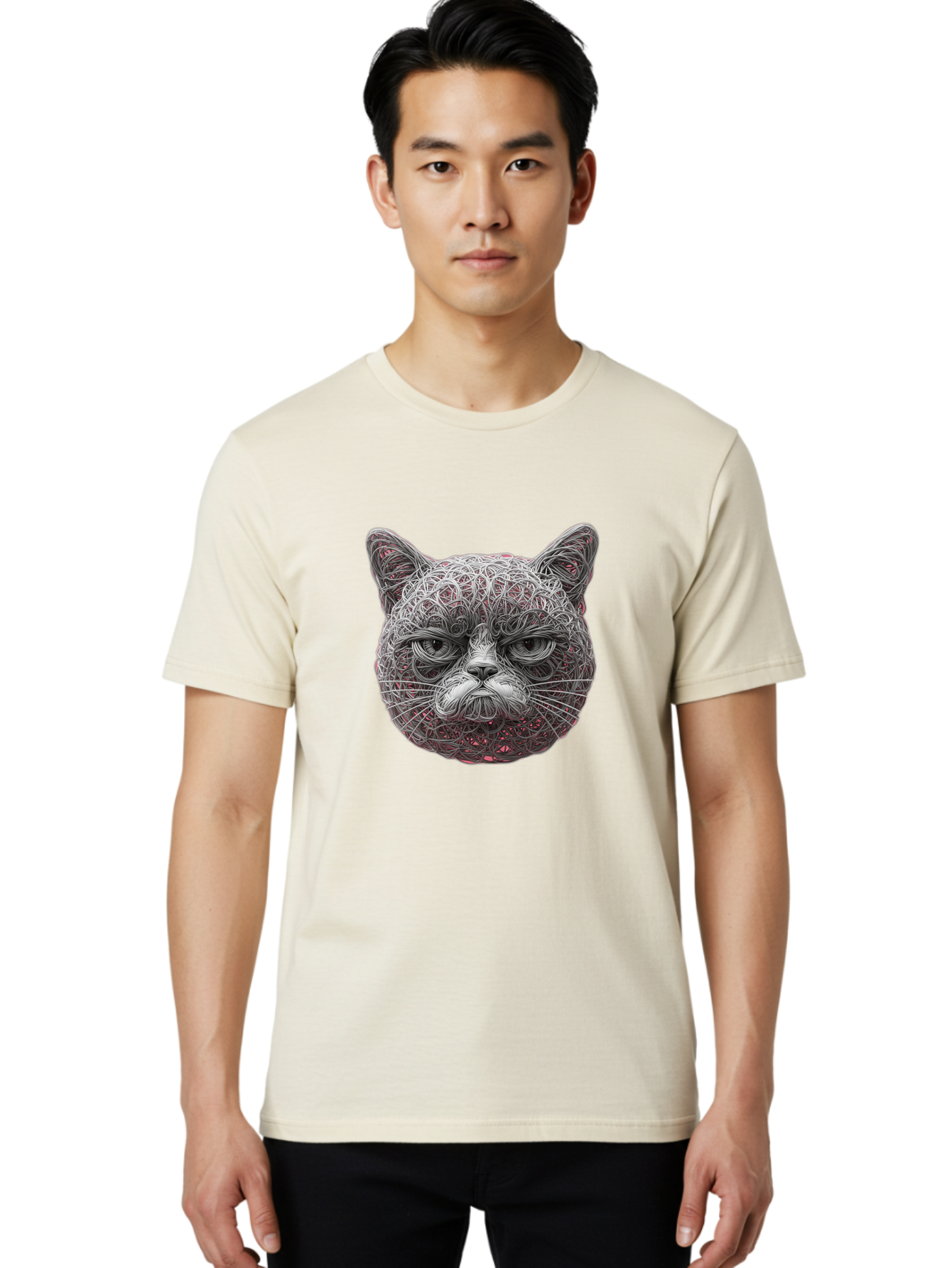 Cat-Face Men'S Graphic Tee, 100% Cotton, Comfortable Casual Summer Wear, Machine Washable, Detailed Cat Face, Intricate Line Art, Whimsical Feline Design, Bold Illustration, Expressive Cat Features, Abstract Cat Portrait, Swirling Patterns, Baa277 6
