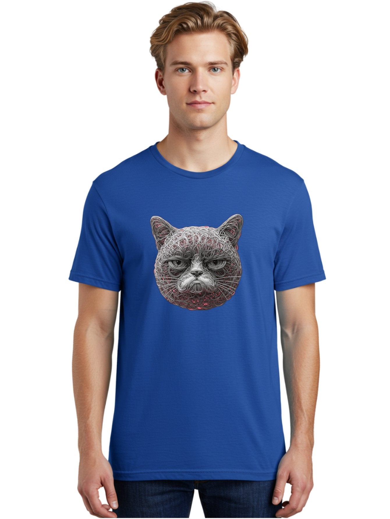 Cat-Face Men'S Graphic Tee, 100% Cotton, Comfortable Casual Summer Wear, Machine Washable, Detailed Cat Face, Intricate Line Art, Whimsical Feline Design, Bold Illustration, Expressive Cat Features, Abstract Cat Portrait, Swirling Patterns, Baa277 22