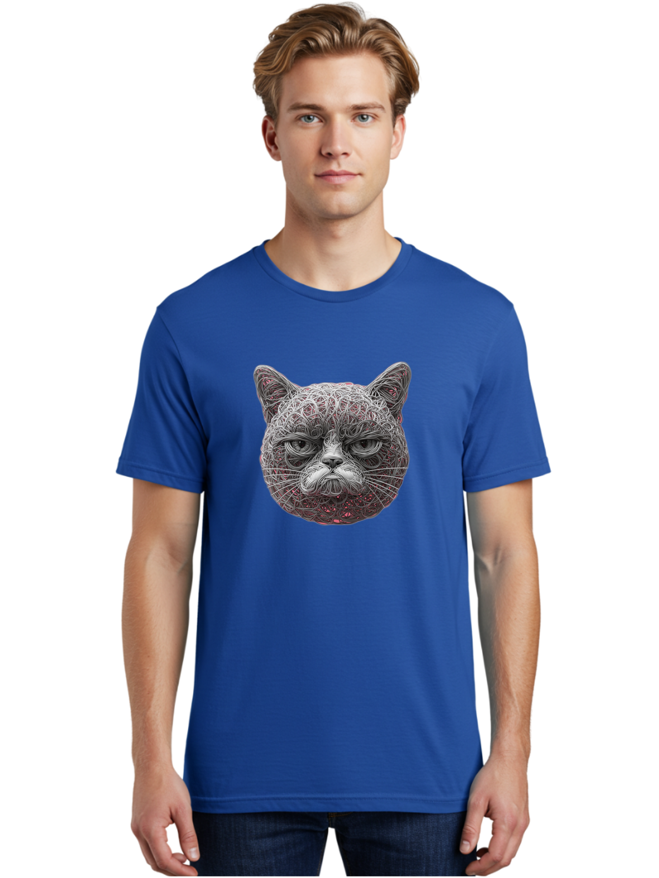 Cat-Face Men'S Graphic Tee, 100% Cotton, Comfortable Casual Summer Wear, Machine Washable, Detailed Cat Face, Intricate Line Art, Whimsical Feline Design, Bold Illustration, Expressive Cat Features, Abstract Cat Portrait, Swirling Patterns, Baa277 18
