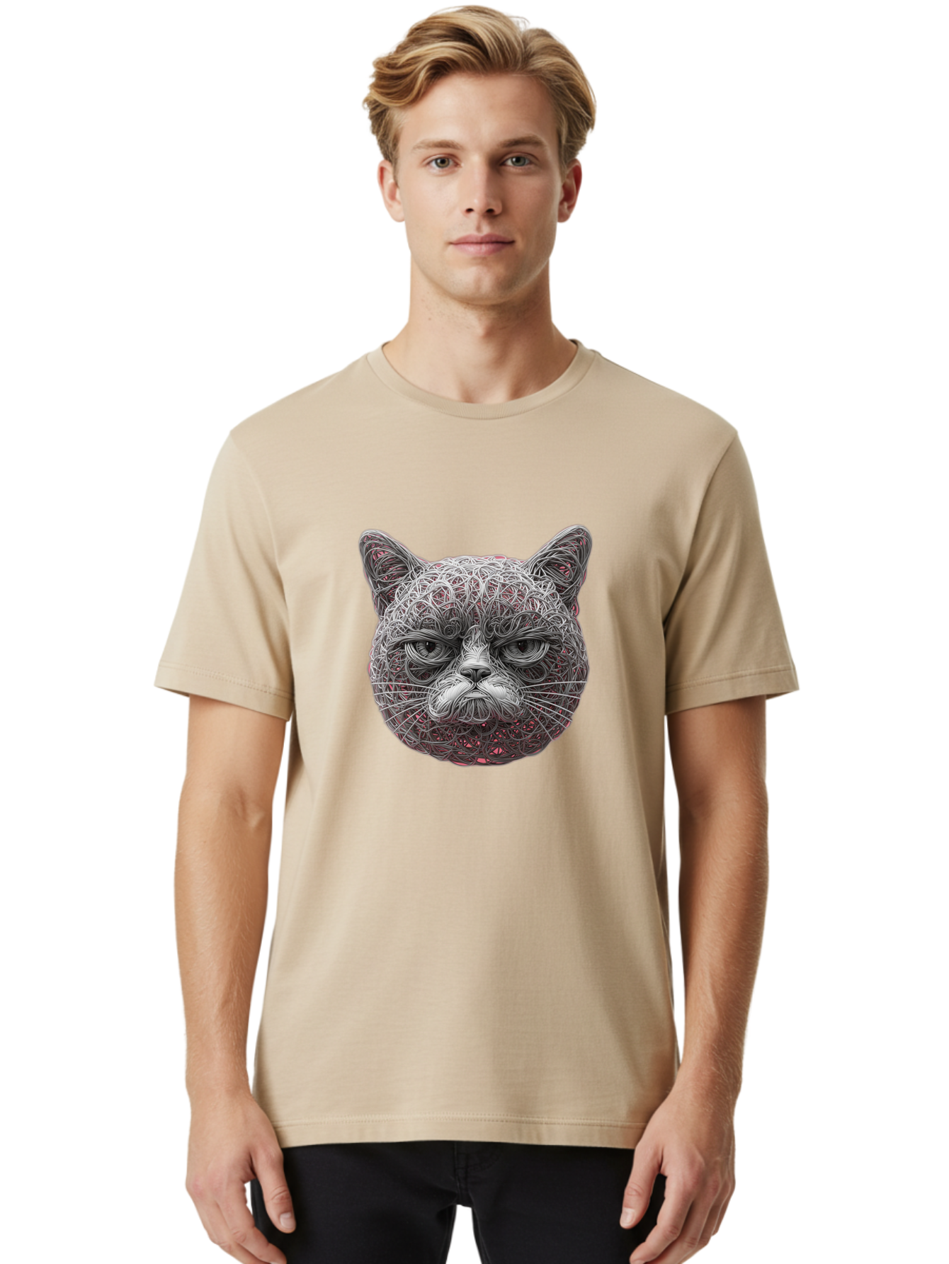 Cat-Face Men'S Graphic Tee, 100% Cotton, Comfortable Casual Summer Wear, Machine Washable, Detailed Cat Face, Intricate Line Art, Whimsical Feline Design, Bold Illustration, Expressive Cat Features, Abstract Cat Portrait, Swirling Patterns, Baa277 8