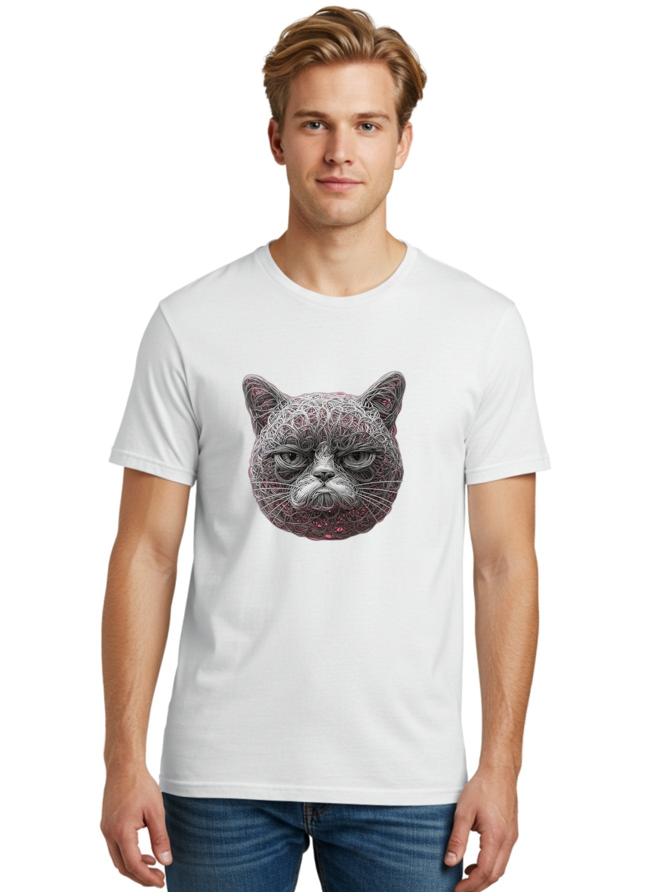 Cat-Face Men'S Graphic Tee, 100% Cotton, Comfortable Casual Summer Wear, Machine Washable, Detailed Cat Face, Intricate Line Art, Whimsical Feline Design, Bold Illustration, Expressive Cat Features, Abstract Cat Portrait, Swirling Patterns, Baa277 23