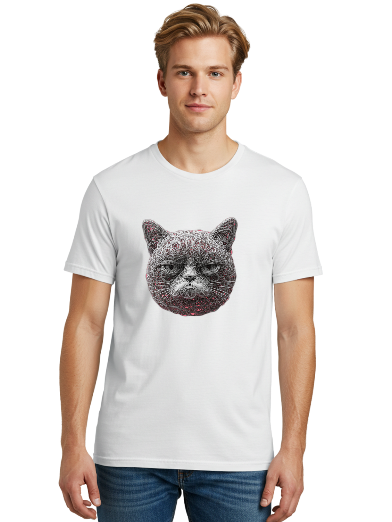 Cat-Face Men'S Graphic Tee, 100% Cotton, Comfortable Casual Summer Wear, Machine Washable, Detailed Cat Face, Intricate Line Art, Whimsical Feline Design, Bold Illustration, Expressive Cat Features, Abstract Cat Portrait, Swirling Patterns, Baa277 16