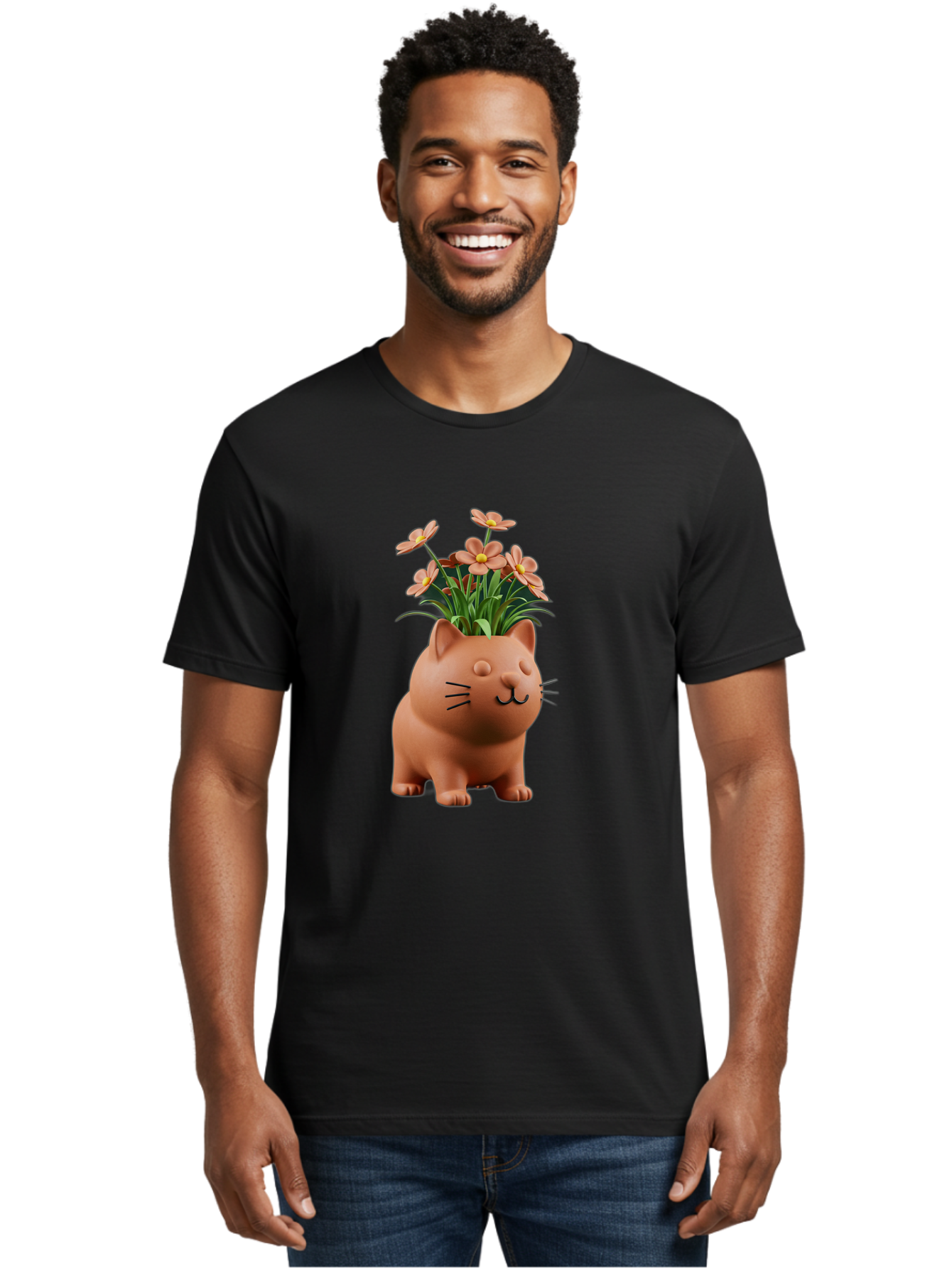 Cat-Planter Men'S Graphic Tee, 100% Cotton, Comfortable Casual Summer Wear, Machine Washable, Cat Planter, Flower Pot, Pink Flowers, Cute Cat Design, Home Decor, Garden Decor, Whimsical Planter, Adorable Cat Baa278 28