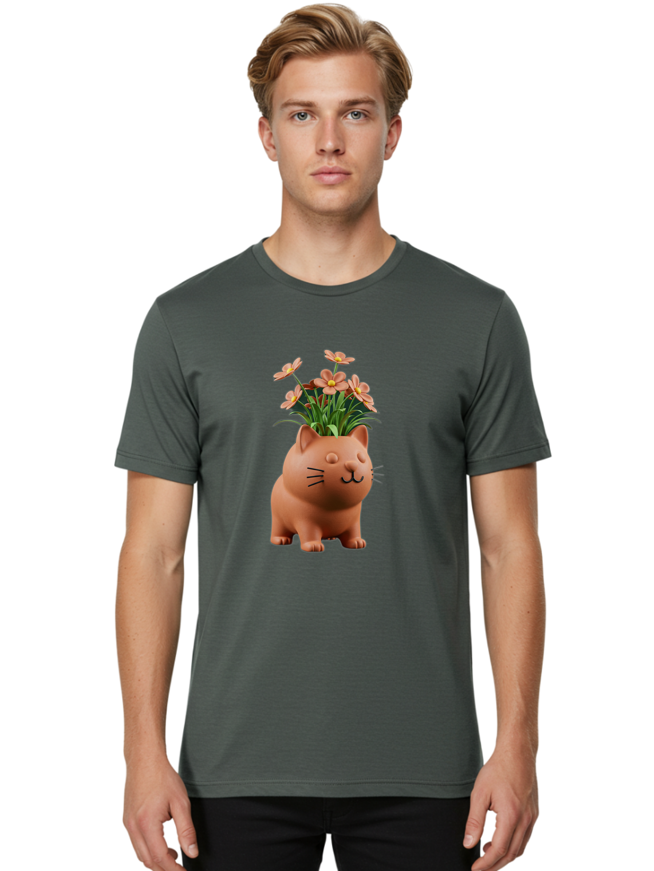 Cat-Planter Men'S Graphic Tee, 100% Cotton, Comfortable Casual Summer Wear, Machine Washable, Cat Planter, Flower Pot, Pink Flowers, Cute Cat Design, Home Decor, Garden Decor, Whimsical Planter, Adorable Cat Baa278 14