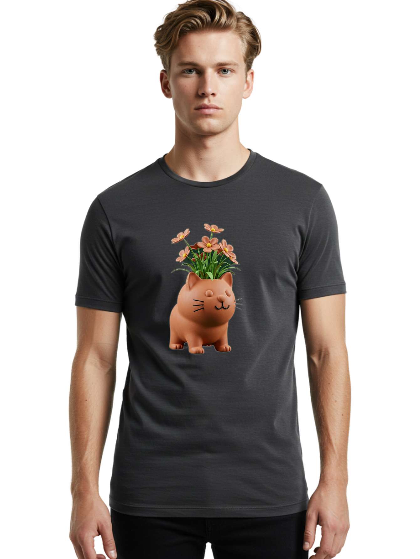 Cat-Planter Men'S Graphic Tee, 100% Cotton, Comfortable Casual Summer Wear, Machine Washable, Cat Planter, Flower Pot, Pink Flowers, Cute Cat Design, Home Decor, Garden Decor, Whimsical Planter, Adorable Cat Baa278 26