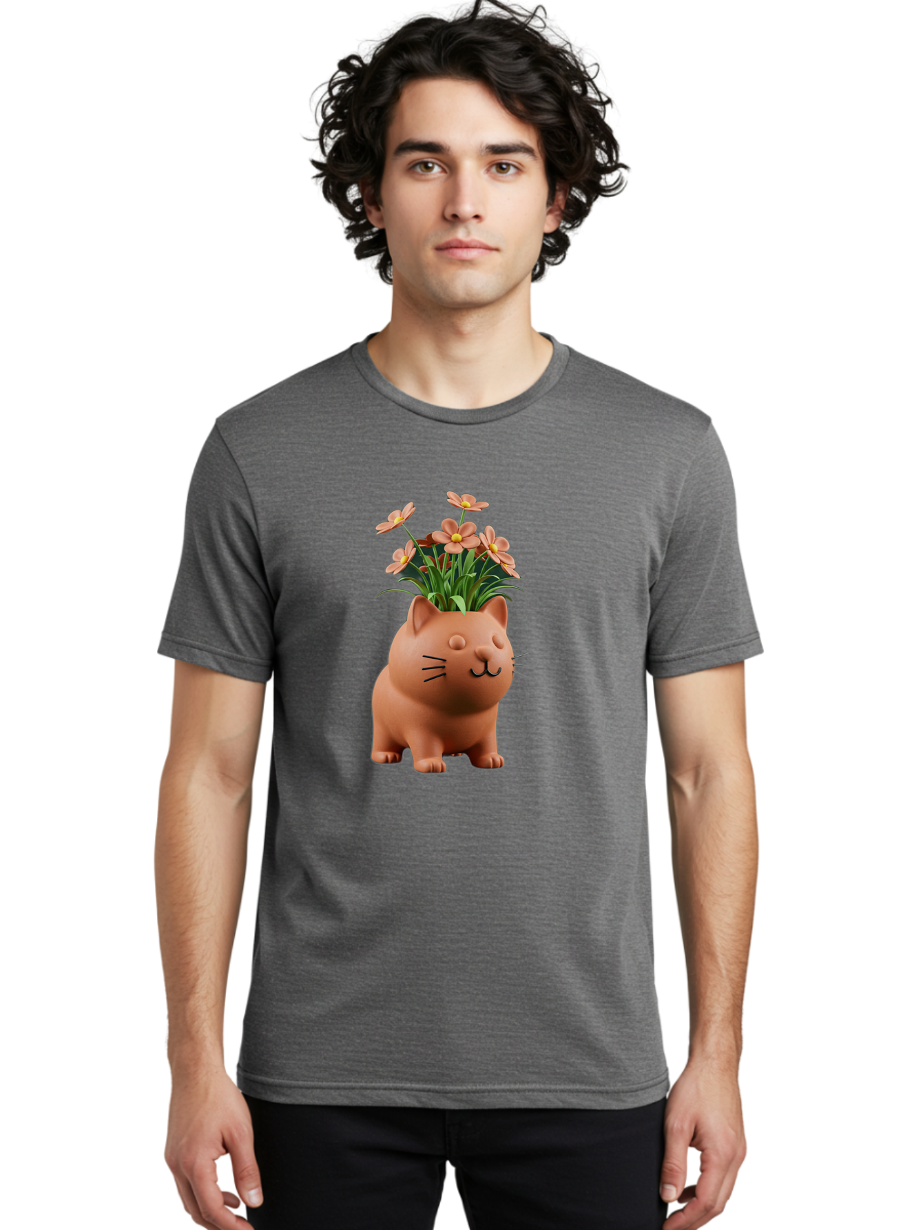 Cat-Planter Men'S Graphic Tee, 100% Cotton, Comfortable Casual Summer Wear, Machine Washable, Cat Planter, Flower Pot, Pink Flowers, Cute Cat Design, Home Decor, Garden Decor, Whimsical Planter, Adorable Cat Baa278 4