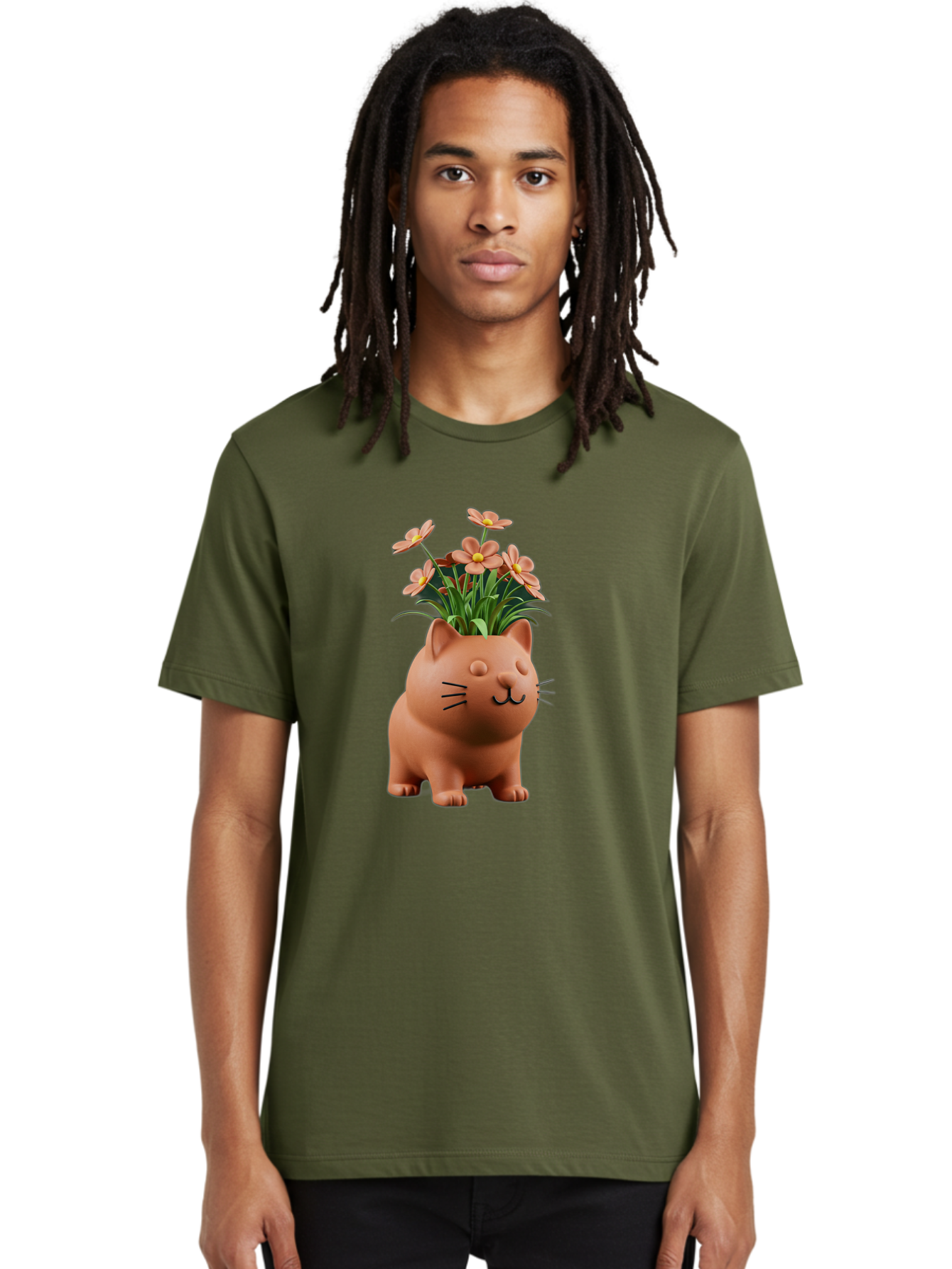 Cat-Planter Men'S Graphic Tee, 100% Cotton, Comfortable Casual Summer Wear, Machine Washable, Cat Planter, Flower Pot, Pink Flowers, Cute Cat Design, Home Decor, Garden Decor, Whimsical Planter, Adorable Cat Baa278 16