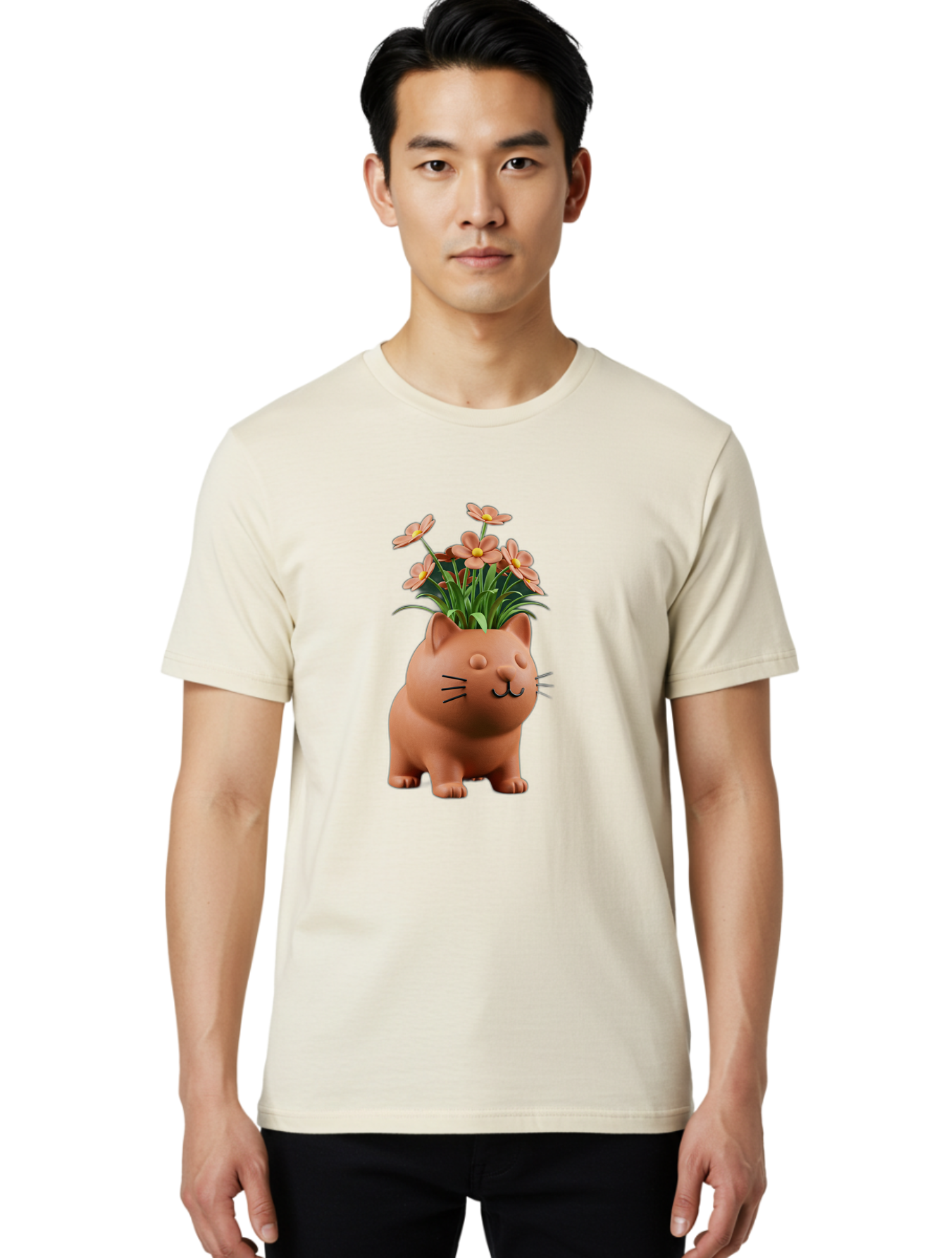 Cat-Planter Men'S Graphic Tee, 100% Cotton, Comfortable Casual Summer Wear, Machine Washable, Cat Planter, Flower Pot, Pink Flowers, Cute Cat Design, Home Decor, Garden Decor, Whimsical Planter, Adorable Cat Baa278 30