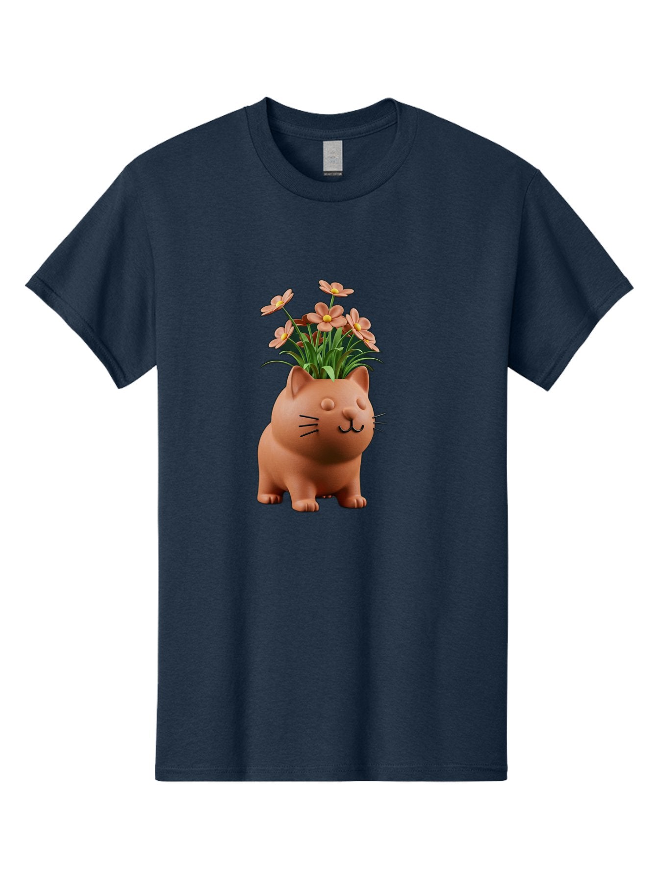 Cat-Planter Men'S Graphic Tee, 100% Cotton, Comfortable Casual Summer Wear, Machine Washable, Cat Planter, Flower Pot, Pink Flowers, Cute Cat Design, Home Decor, Garden Decor, Whimsical Planter, Adorable Cat Baa278