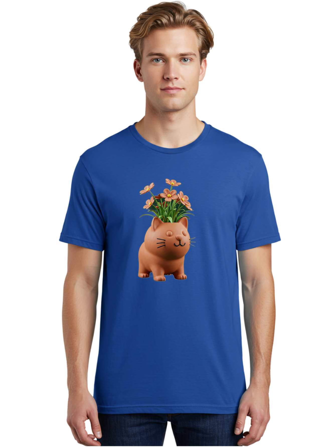 Cat-Planter Men'S Graphic Tee, 100% Cotton, Comfortable Casual Summer Wear, Machine Washable, Cat Planter, Flower Pot, Pink Flowers, Cute Cat Design, Home Decor, Garden Decor, Whimsical Planter, Adorable Cat Baa278 20