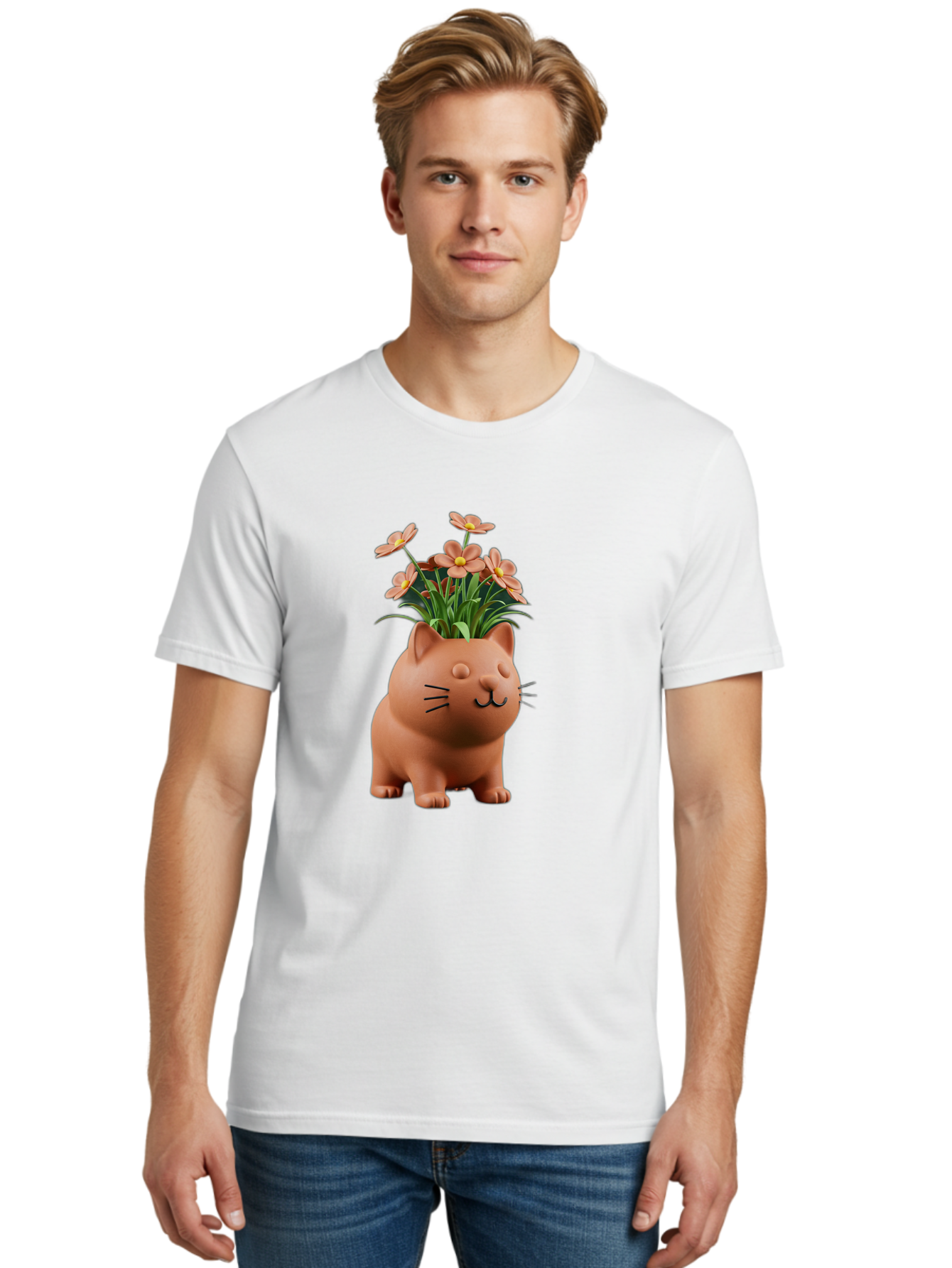 Cat-Planter Men'S Graphic Tee, 100% Cotton, Comfortable Casual Summer Wear, Machine Washable, Cat Planter, Flower Pot, Pink Flowers, Cute Cat Design, Home Decor, Garden Decor, Whimsical Planter, Adorable Cat Baa278 10