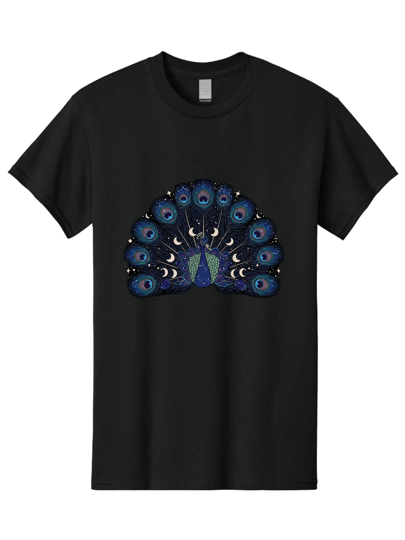 Celestial-Peacock Men'S Graphic Tee, 100% Cotton, Comfortable Casual Summer Wear, Machine Washable, Peacock, Moon Phases, Celestial, Night Sky, Stars, Crescent Moons, Blue Feathers, Eye-Catching, Vibrant, Lunar Cycle, Mystical, Night, Magic Baa280 7