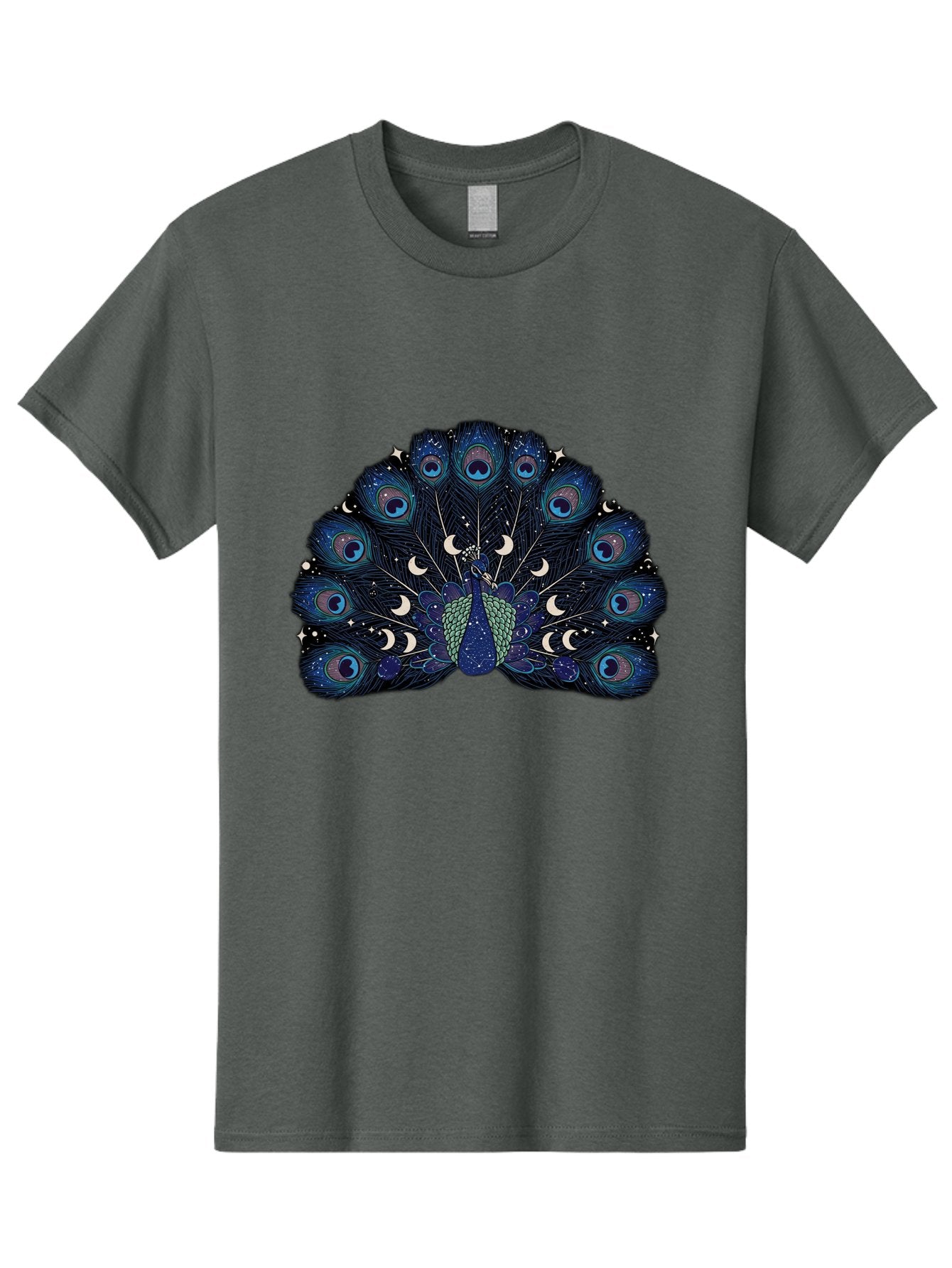 Celestial-Peacock Men'S Graphic Tee, 100% Cotton, Comfortable Casual Summer Wear, Machine Washable, Peacock, Moon Phases, Celestial, Night Sky, Stars, Crescent Moons, Blue Feathers, Eye-Catching, Vibrant, Lunar Cycle, Mystical, Night, Magic Baa280 11