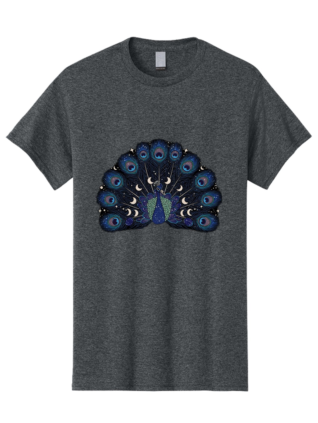 Celestial-Peacock Men'S Graphic Tee, 100% Cotton, Comfortable Casual Summer Wear, Machine Washable, Peacock, Moon Phases, Celestial, Night Sky, Stars, Crescent Moons, Blue Feathers, Eye-Catching, Vibrant, Lunar Cycle, Mystical, Night, Magic Baa280 14
