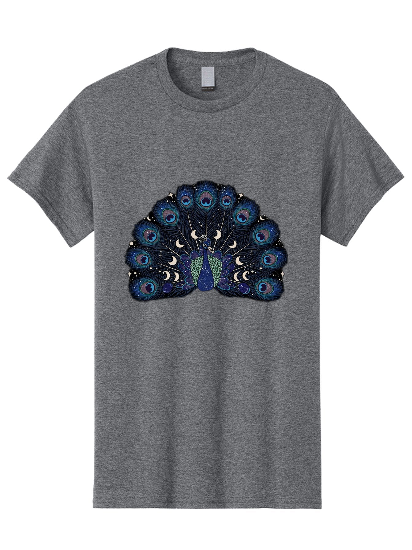 Celestial-Peacock Men'S Graphic Tee, 100% Cotton, Comfortable Casual Summer Wear, Machine Washable, Peacock, Moon Phases, Celestial, Night Sky, Stars, Crescent Moons, Blue Feathers, Eye-Catching, Vibrant, Lunar Cycle, Mystical, Night, Magic Baa280 6