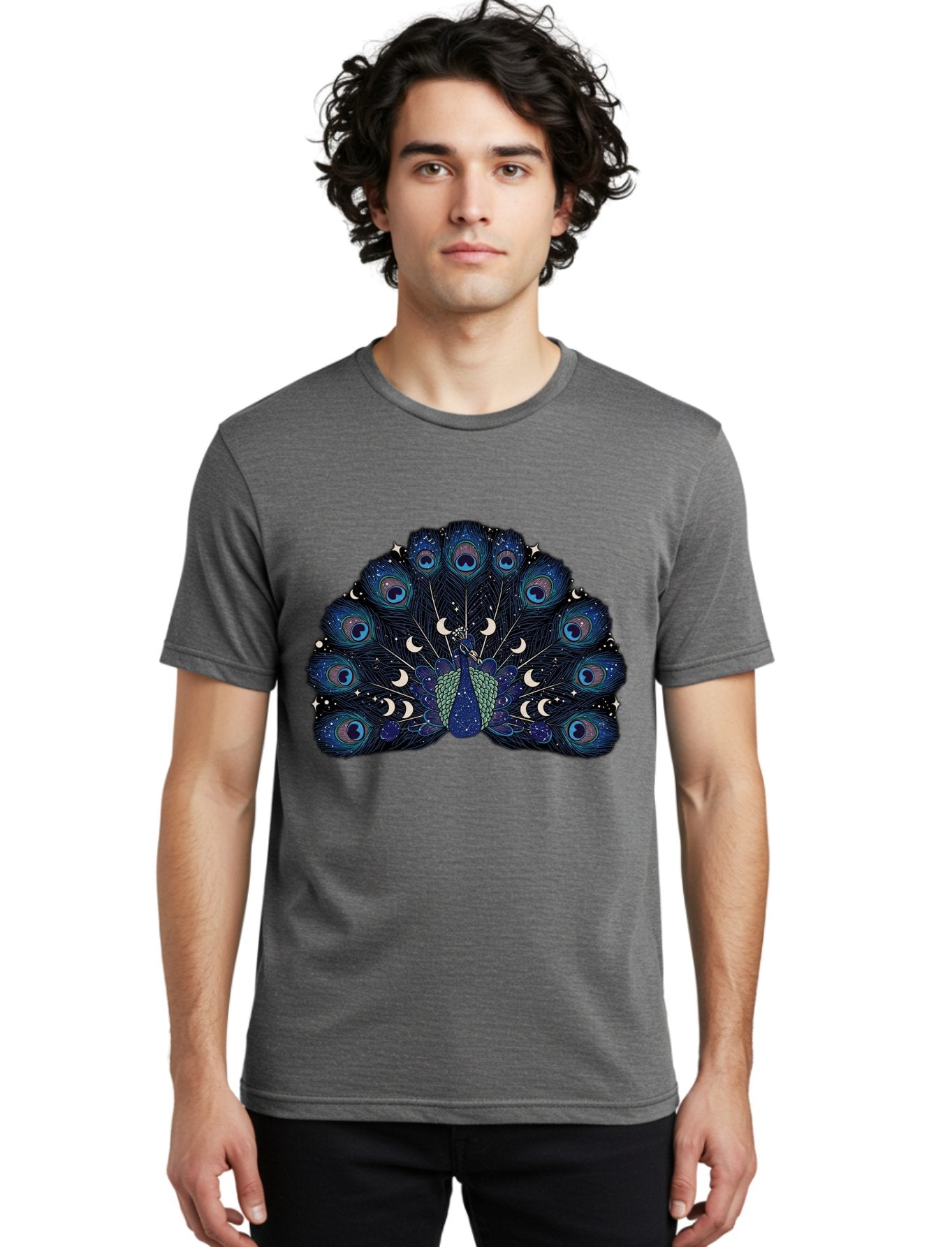 Celestial-Peacock Men'S Graphic Tee, 100% Cotton, Comfortable Casual Summer Wear, Machine Washable, Peacock, Moon Phases, Celestial, Night Sky, Stars, Crescent Moons, Blue Feathers, Eye-Catching, Vibrant, Lunar Cycle, Mystical, Night, Magic Baa280 24