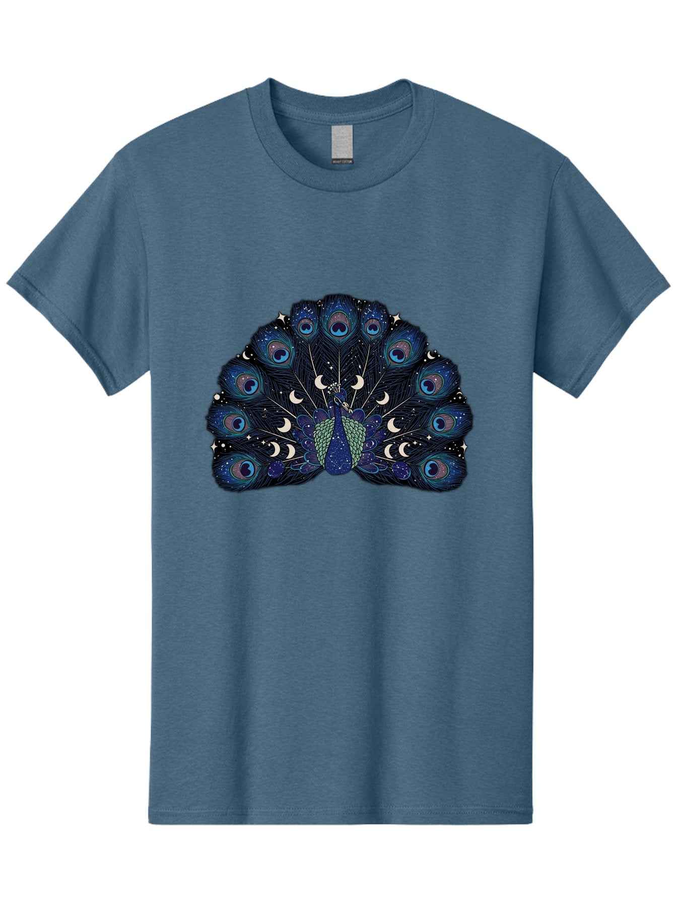 Celestial-Peacock Men'S Graphic Tee, 100% Cotton, Comfortable Casual Summer Wear, Machine Washable, Peacock, Moon Phases, Celestial, Night Sky, Stars, Crescent Moons, Blue Feathers, Eye-Catching, Vibrant, Lunar Cycle, Mystical, Night, Magic Baa280 12